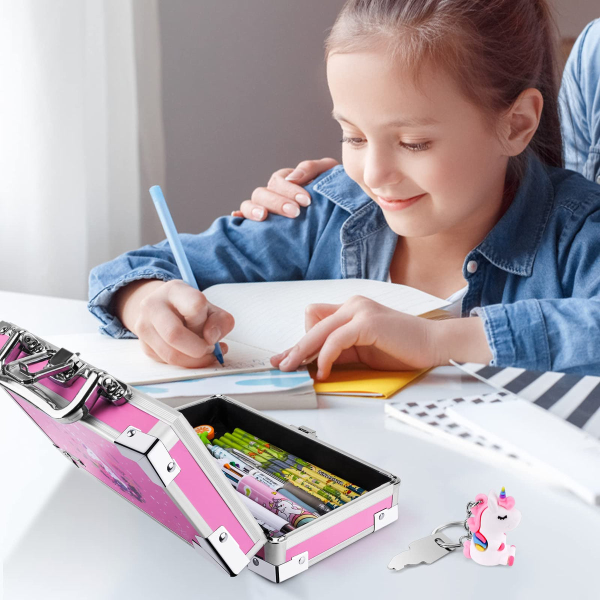 JYPS Unicorn Pencil Box for Girls Boys Kids, Lock Box for School with Portable Handle and Uncorn