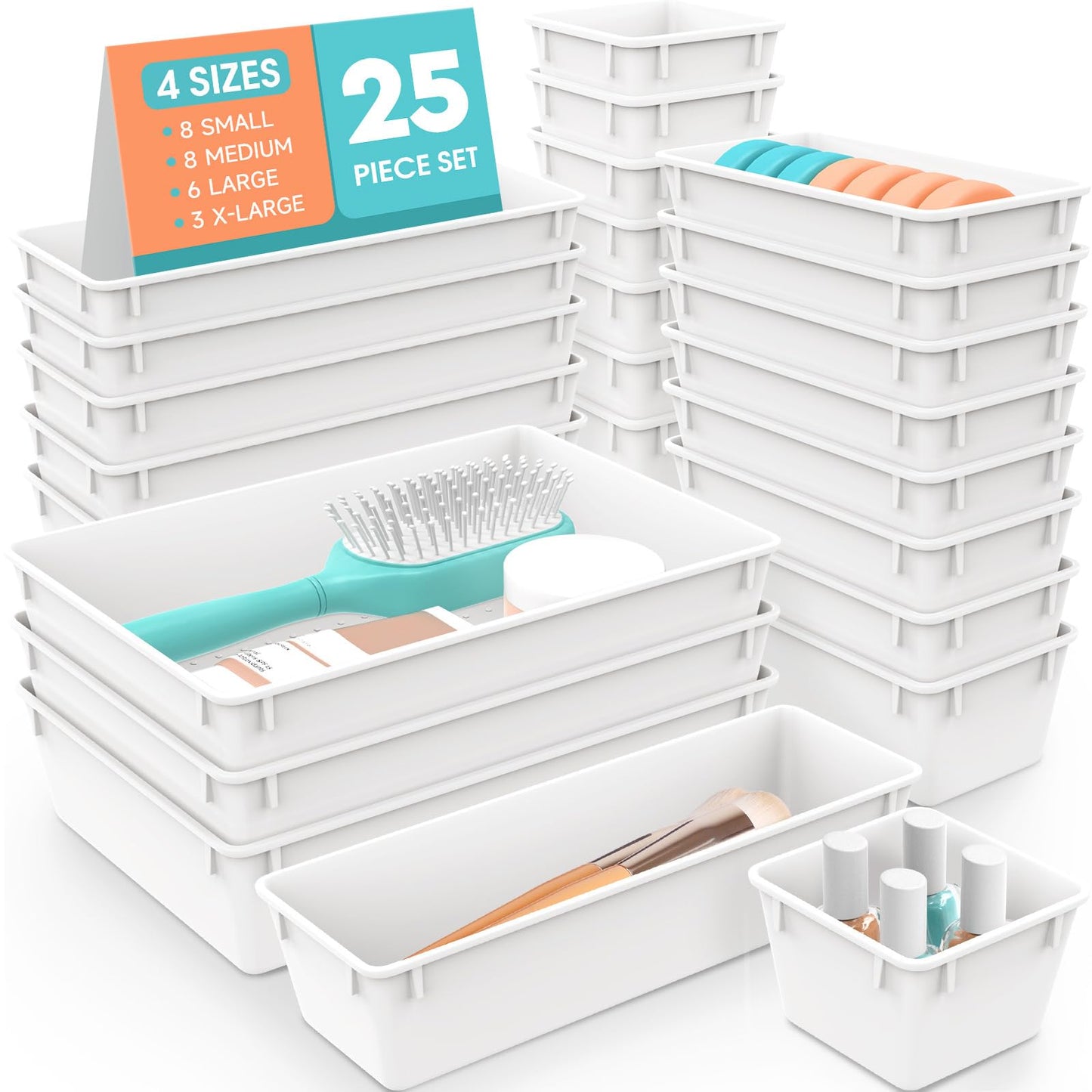 25 PCS Plastic Drawer Organizer Set, Makeup Organizers and Storage Bins