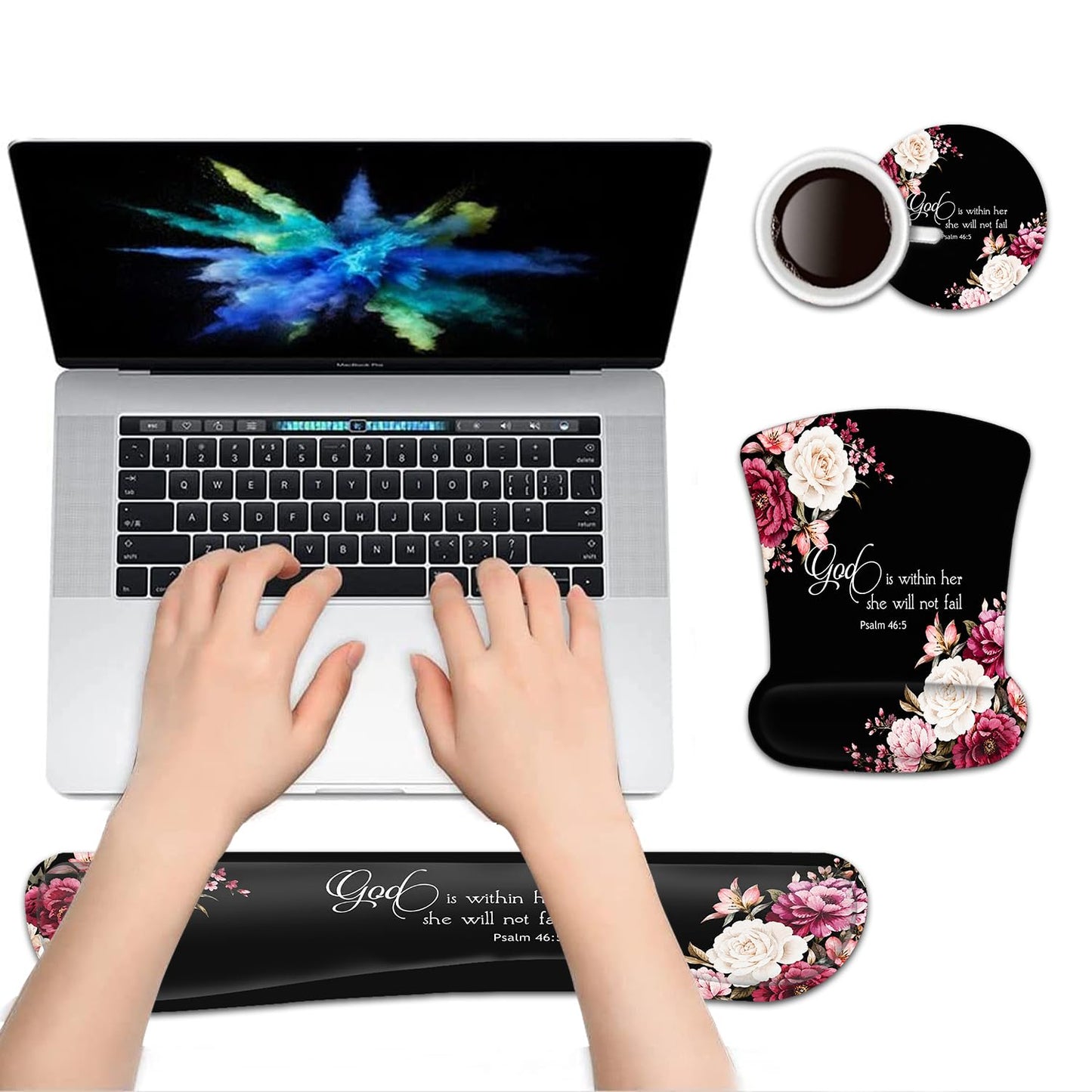 Keyboard Wrist Rest Pad and Ergonomic Mouse Pad Wrist Support Set Psalm 46:5 God is Within Her, She