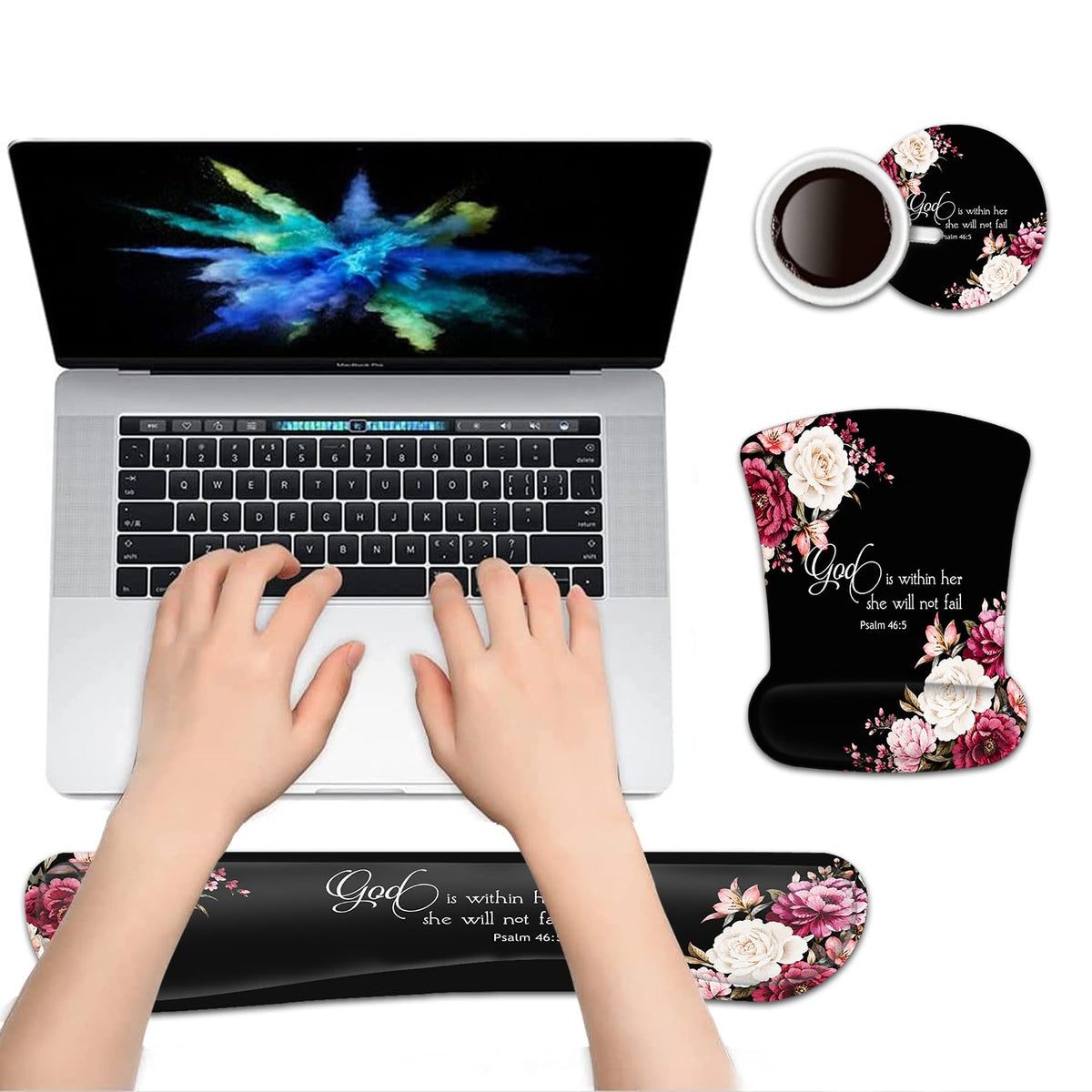 Keyboard Wrist Rest Pad and Ergonomic Mouse Pad Wrist Support Set Psalm 46:5 God is Within Her, She