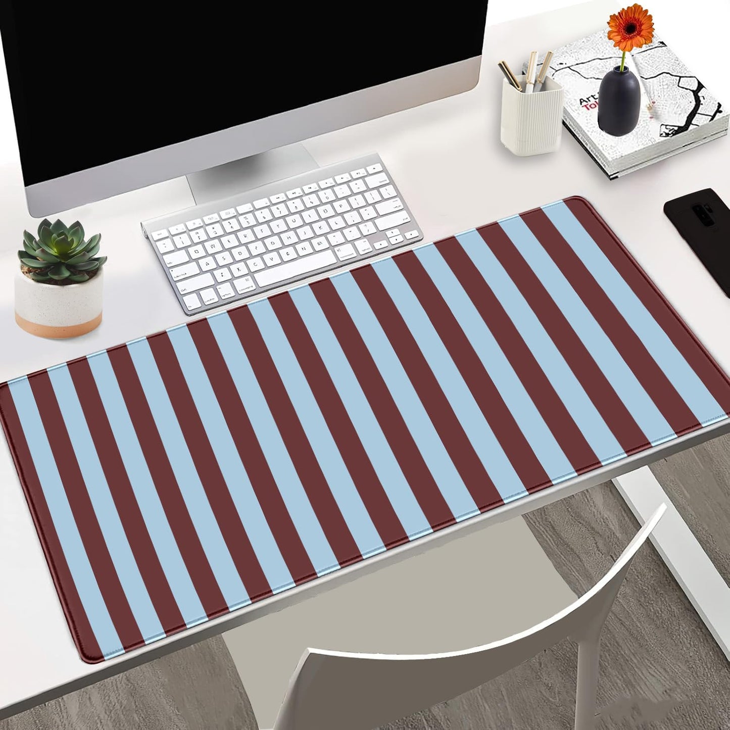 Maroon Striped Desk Mat Cute Pastel XXL Large Gaming Mouse Pad Desk Pad Kawaii Cozy Aesthetic