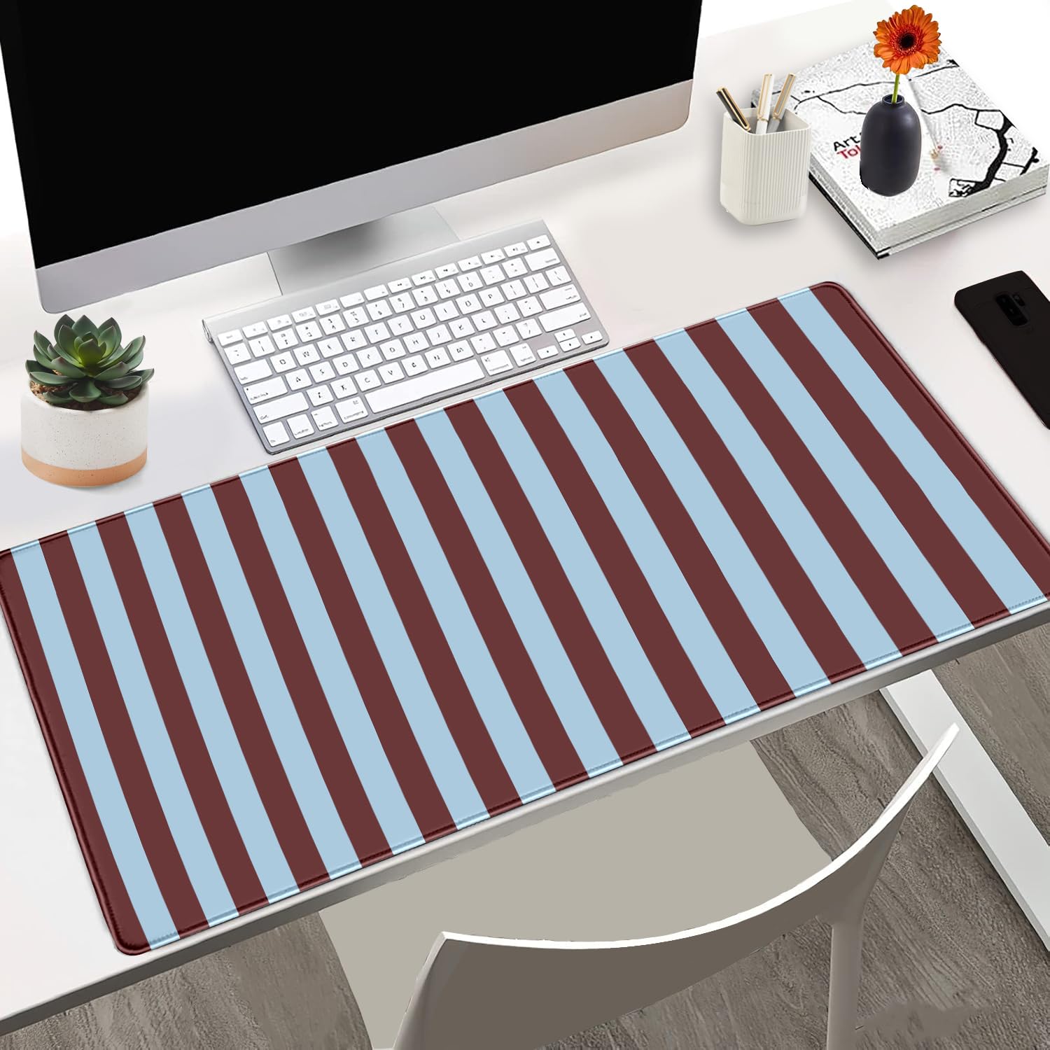 Maroon Striped Desk Mat Cute Pastel XXL Large Gaming Mouse Pad Desk Pad Kawaii Cozy Aesthetic