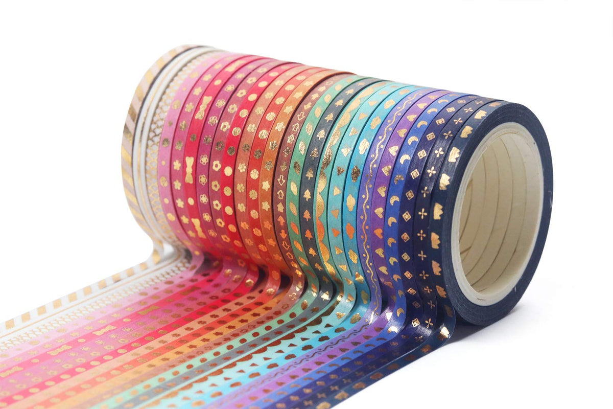 YUBBAEX 24 Rolls Skinny Washi Tape Set Gold Foil Print Decorative Tapes for Arts, DIY Crafts
