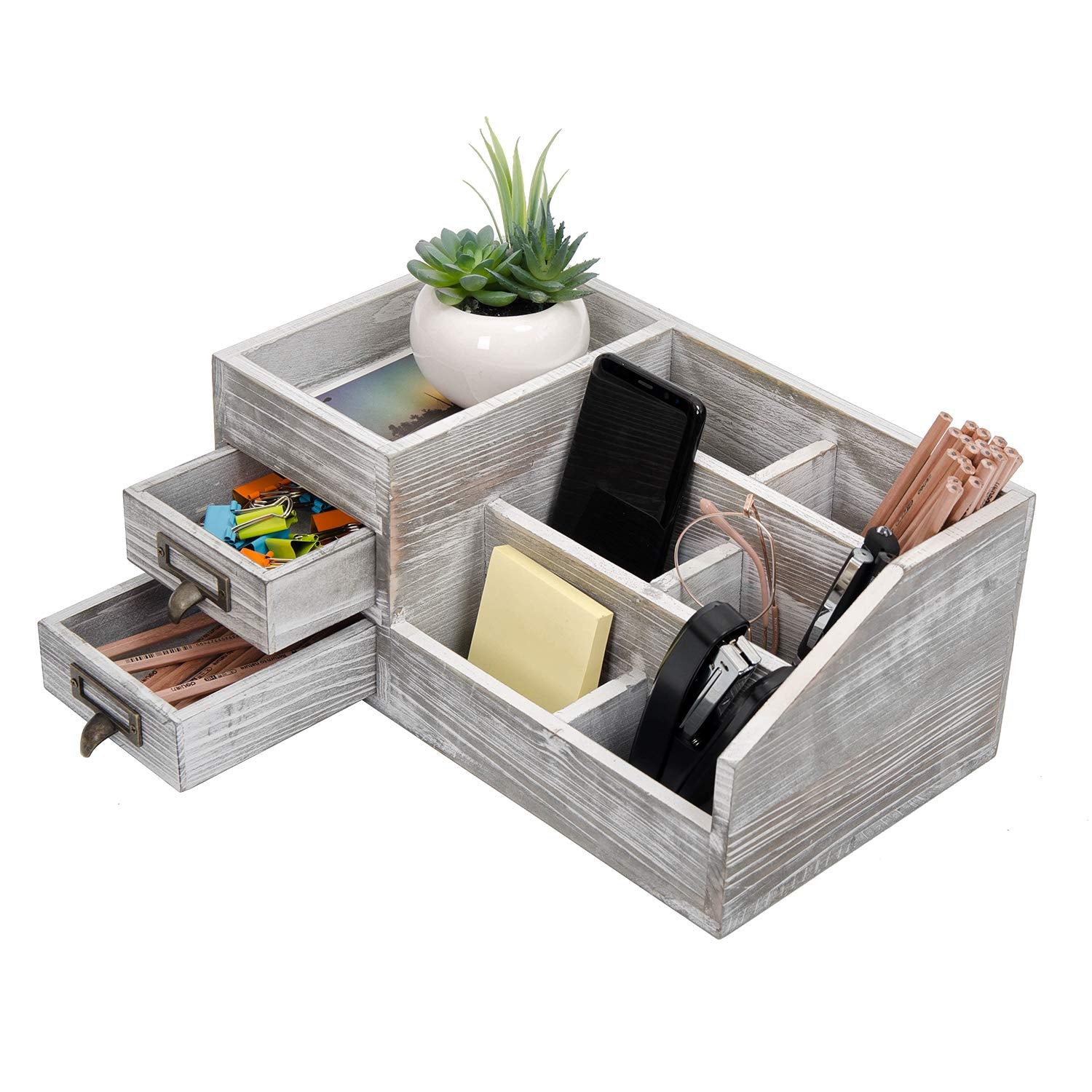 Distressed Rustic Wooden Office Desktop Organizer Wood Shelf Tabletop Home Organizer Storage with
