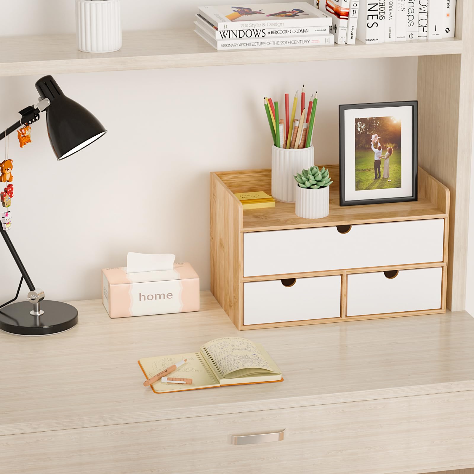 Bamboo Desk Organizer with Drawers, Desktop Storage for Office Supplies