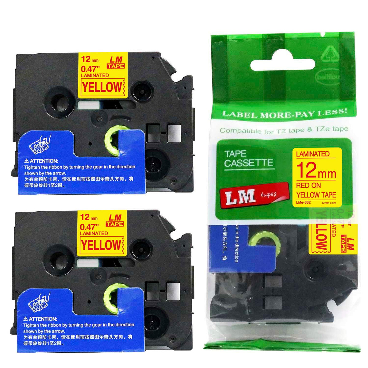 2/Pack LM Tapes - LMe632 Premium 1/2" Red Print on Yellow Label Compatible with P-Touch TZe632 Tape