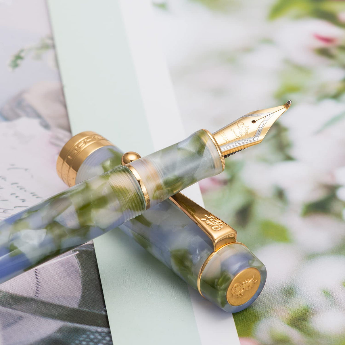 Jinhao 100 Classic Fountain Pen Bent Nib, Blue Green Celluloid Fude Pen Calligraphy from Fine to