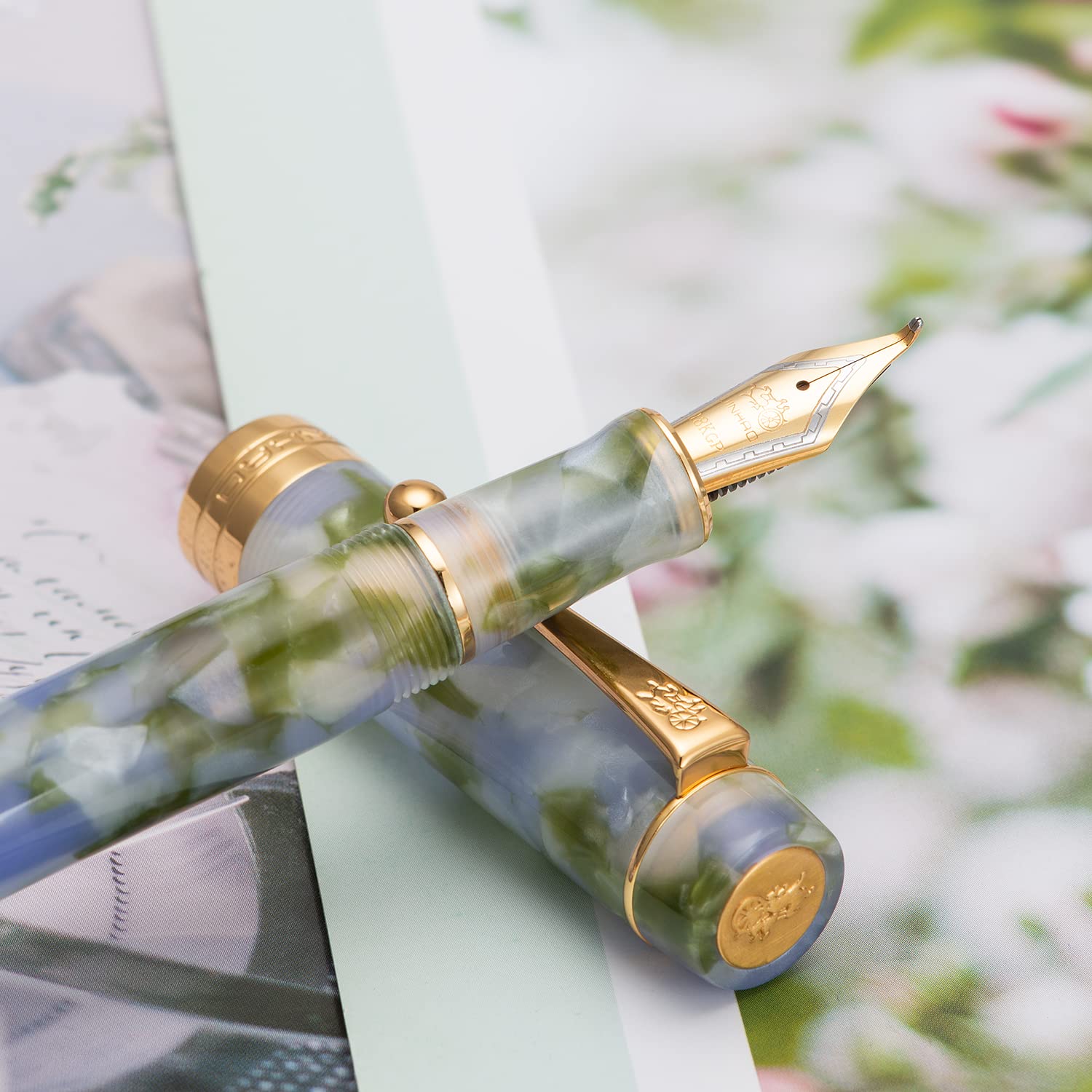 Jinhao 100 Classic Fountain Pen Bent Nib, Blue Green Celluloid Fude Pen Calligraphy from Fine to