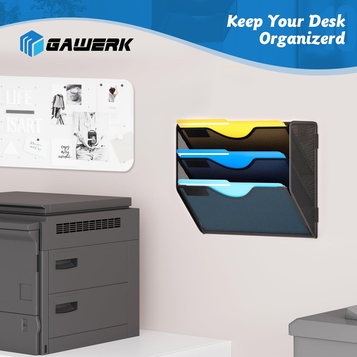 Gawerk 3 Tier Hanging Wall File Organizer, Mesh Mail Paper Orgnization Hanging File Folder Holder