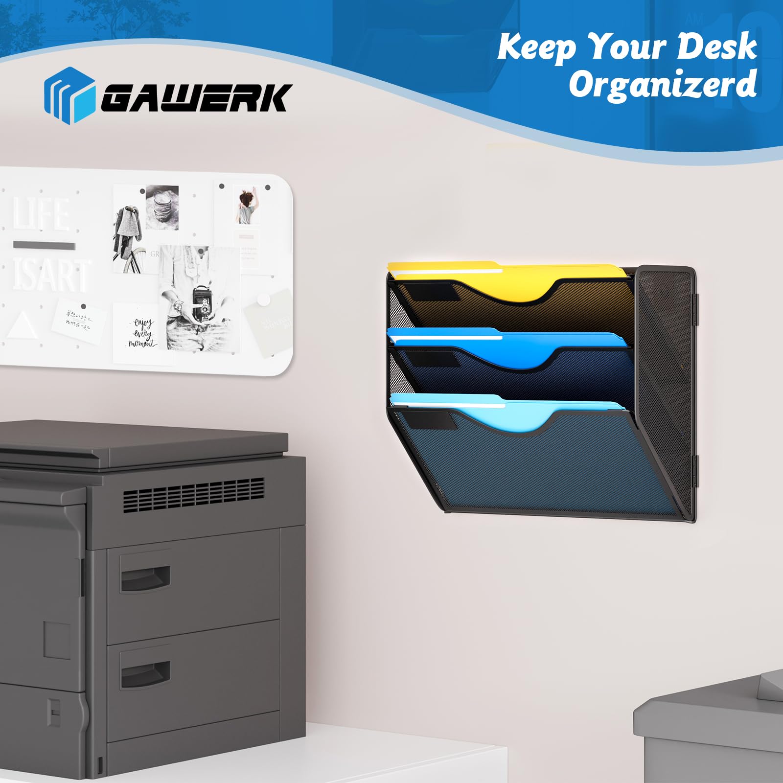 Gawerk 3 Tier Hanging Wall File Organizer, Mesh Mail Paper Orgnization Hanging File Folder Holder