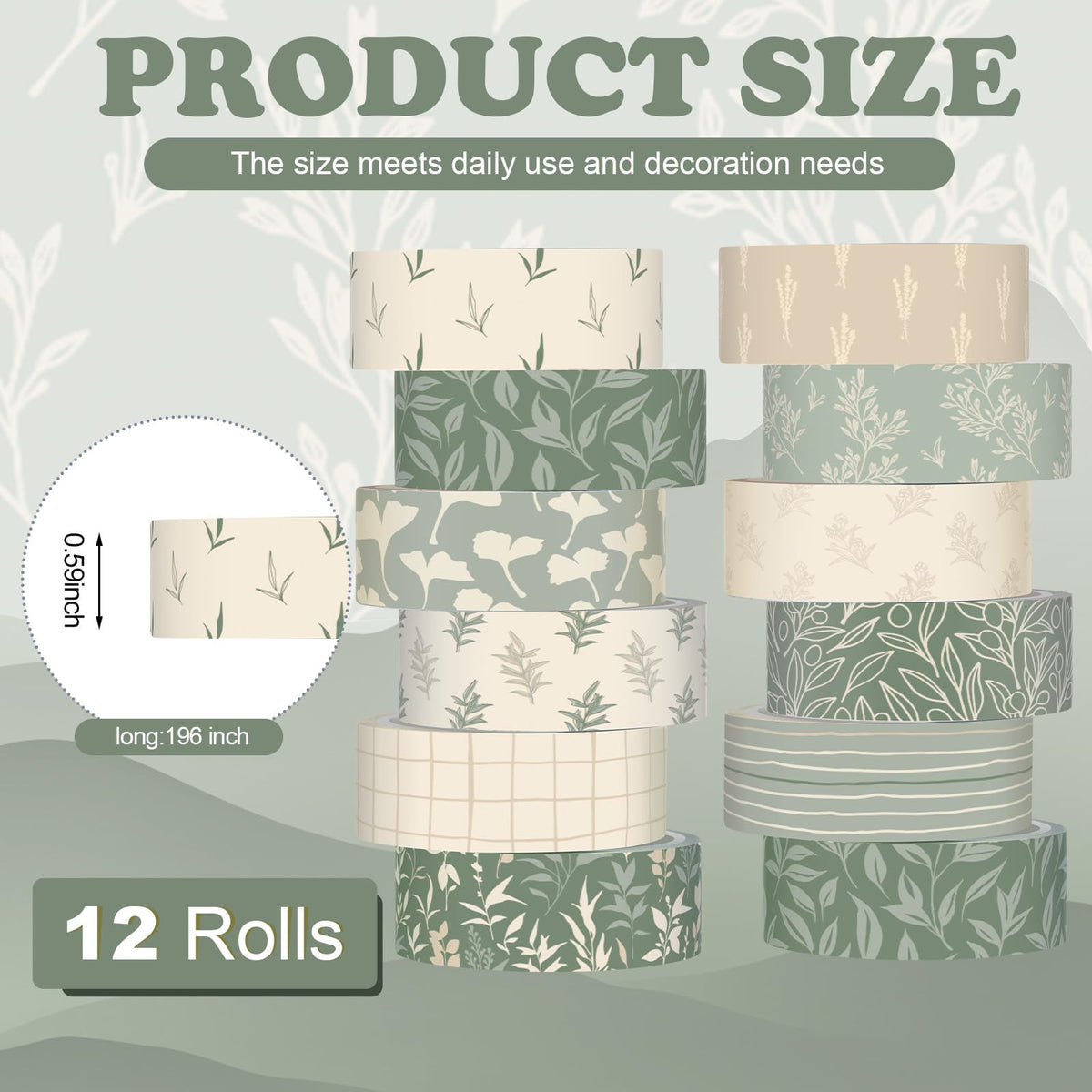 YooNotee 12 Rolls Floral Washi Tape Set,Sage Green,Leaves