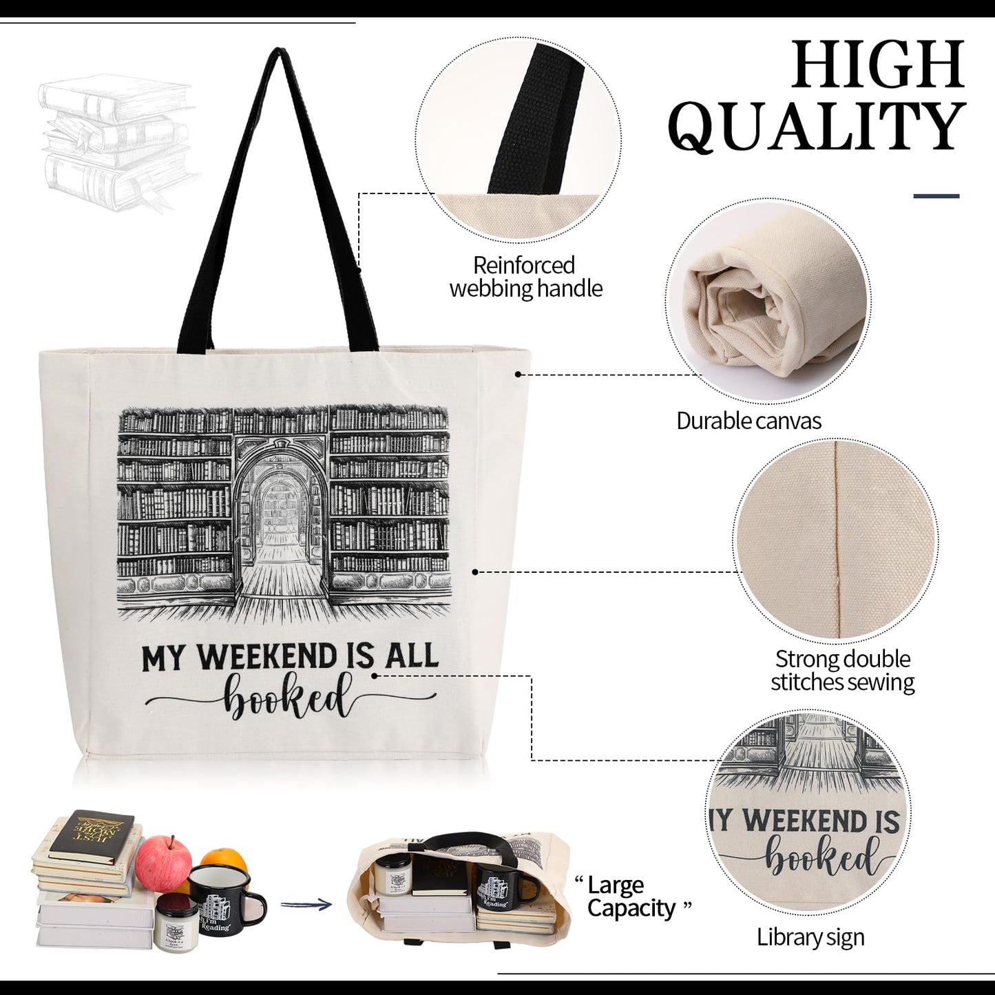 Jetec 5 Piece Book Lovers Set, Canvas Tote Bag Notebook, Candle, Black