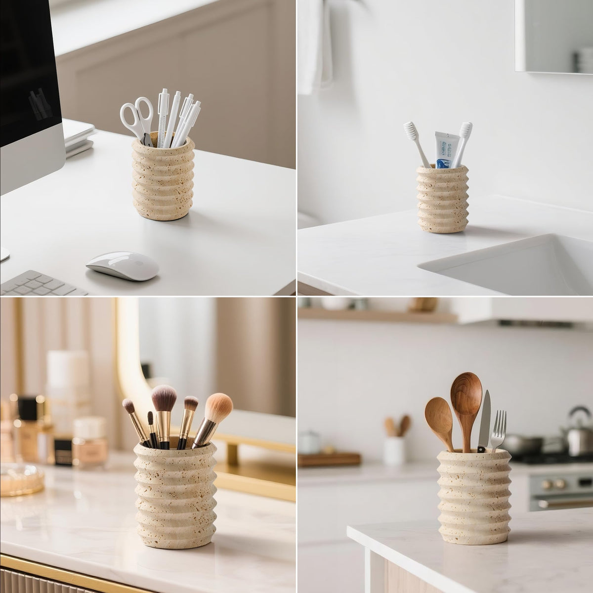 WORHE Pen Holder Stand for Desk, Natural Travertine Stone Makeup Brush Holders, Modern and