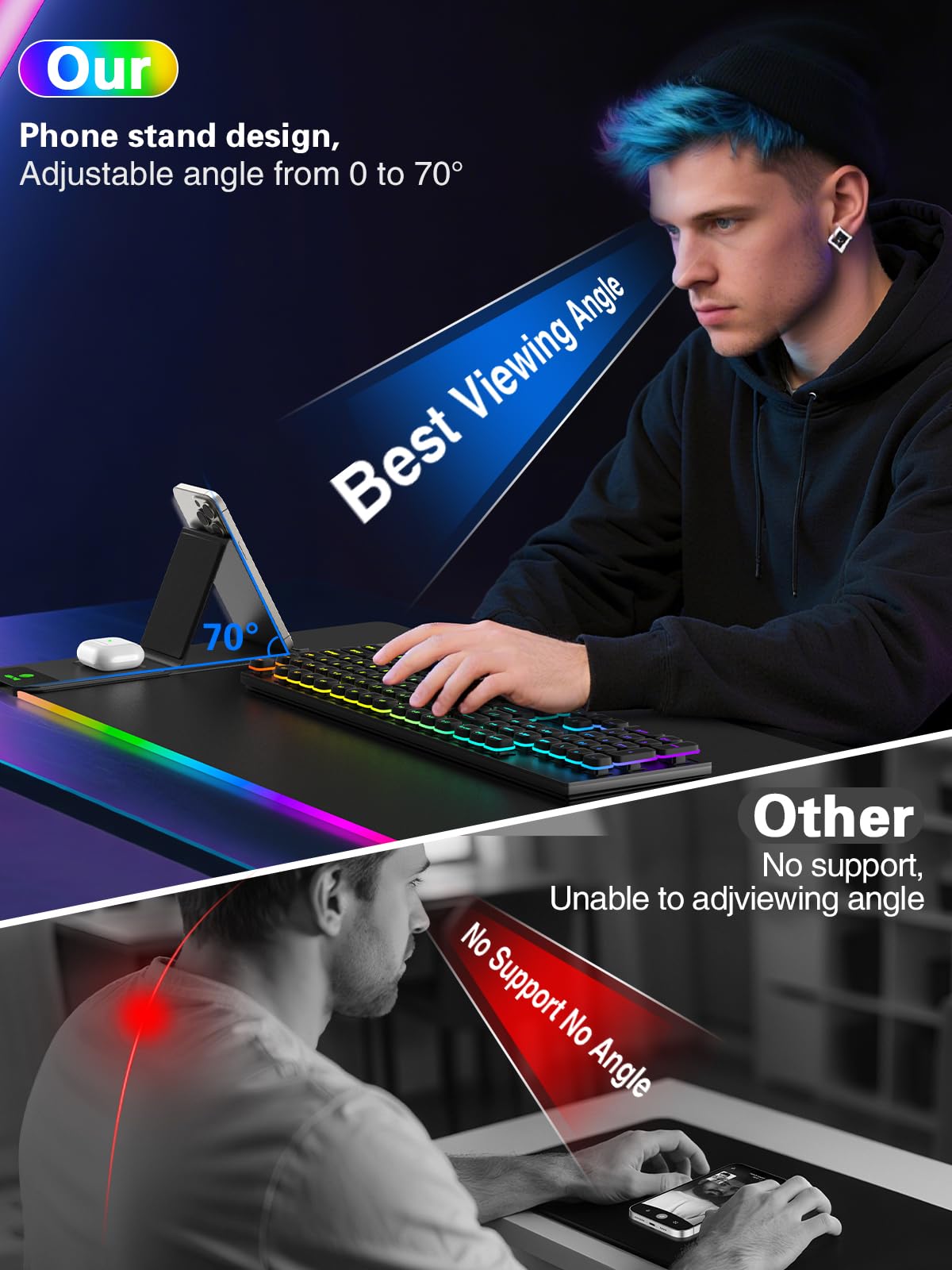 Mouse Pad with Foldable Phone Holder & Wireless Charger, XXL RGB Gaming Mousepad 31.5"x15.8" Large