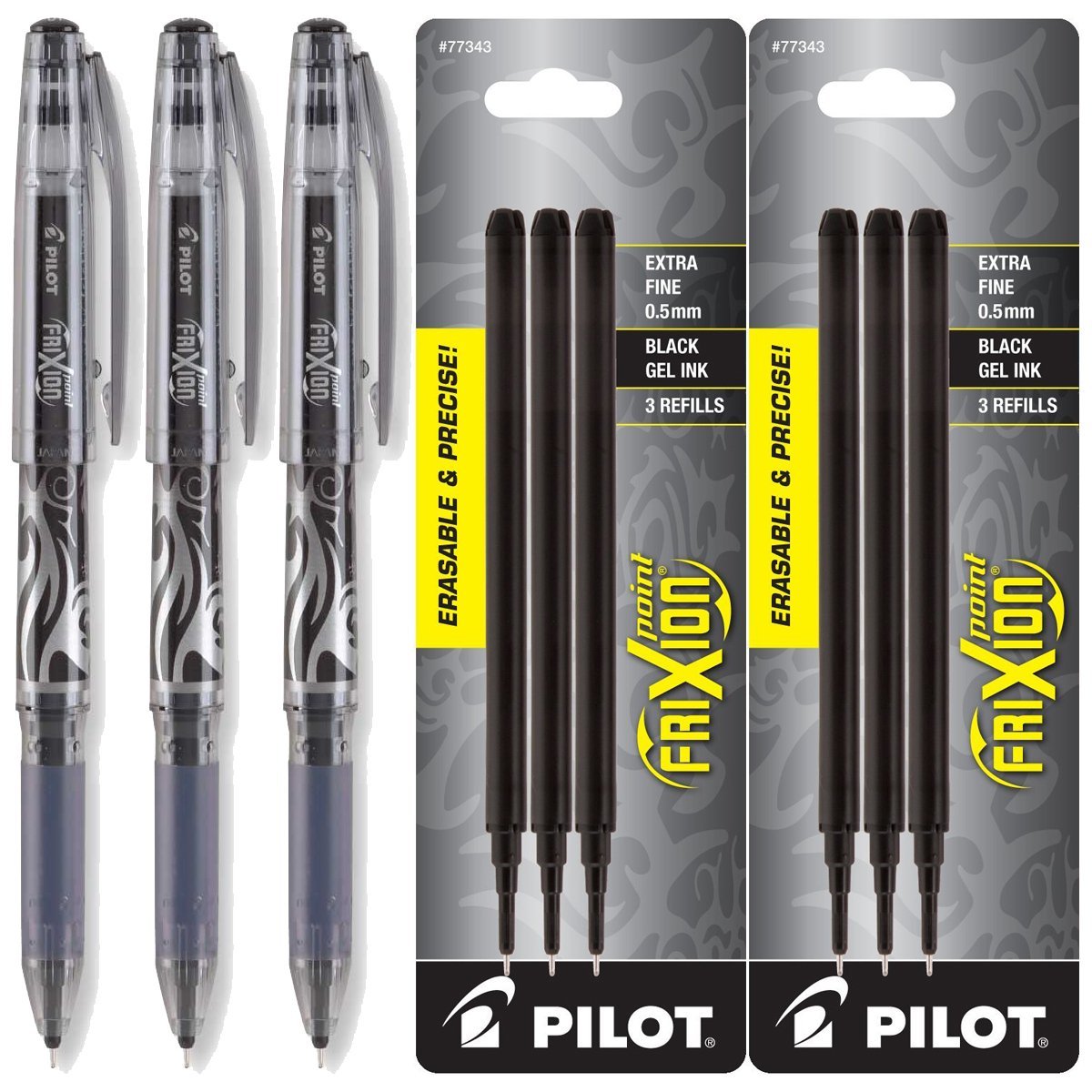 Pilot Frixion Point Gel Ink Stick Pens, Erasable, Extra Fine Point 0.5mm, Black Ink, Pack of 3 with