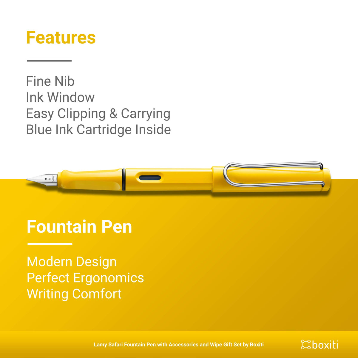 Lamy Safari | Yellow | Fine Nib | 5 Black Ink Cartridges, Z28 Converter and Wipe