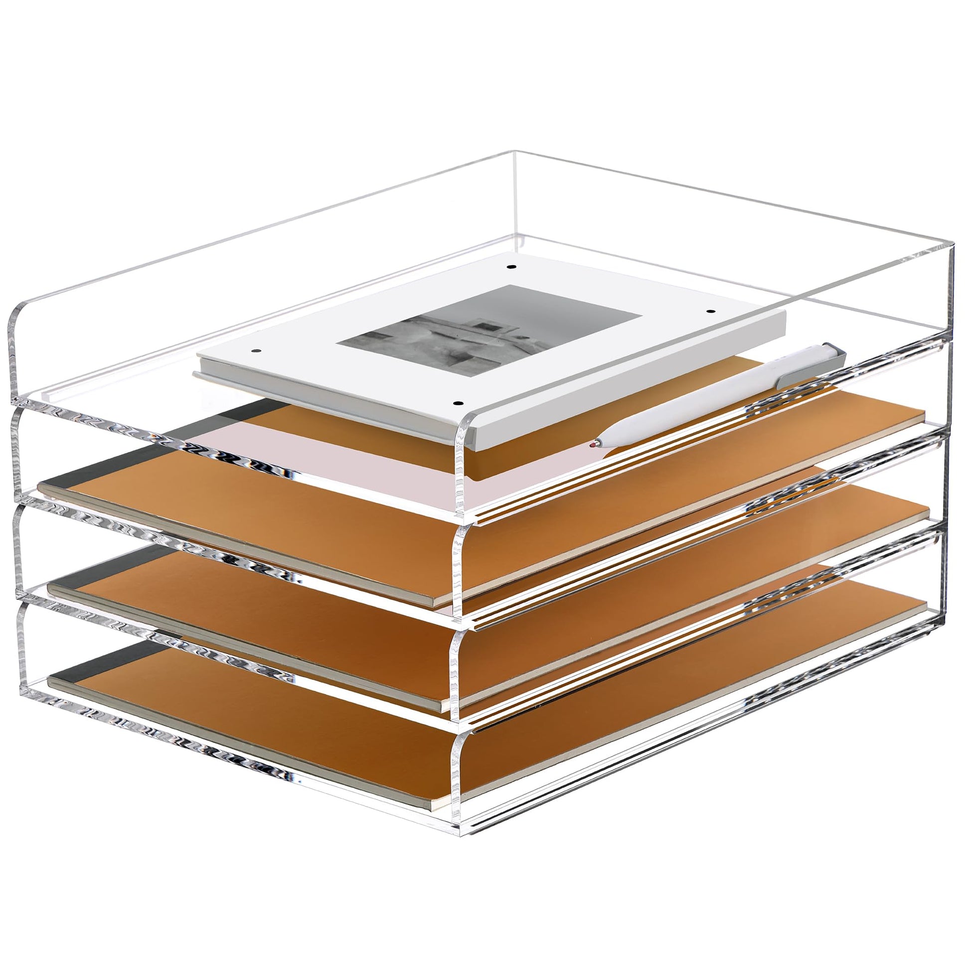 SANRUI 4 Tier Stackable Paper Letter Tray, Acrylic Vertical File Tray A4 Desk Organizer and