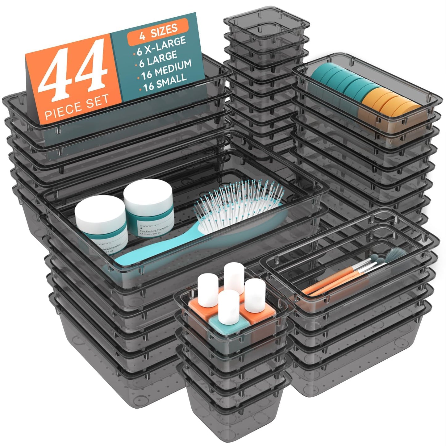 44 PCS Clear Plastic Drawer Organizer Set, 4 Sizes Storage Bins, Black