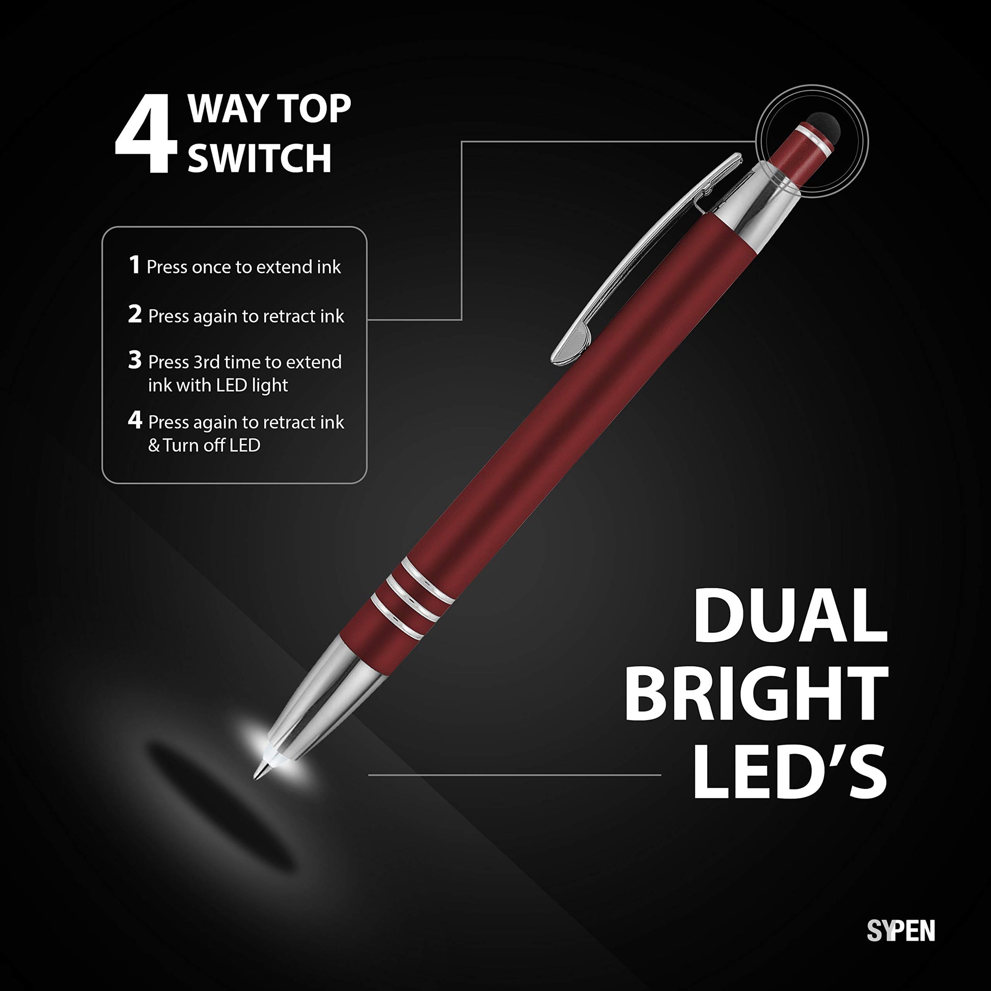 SyPen 3 in 1 Multi-Function Soft Touch Pen with Light for Pilots, Nurses, Doctors Etc .Lighted Tip