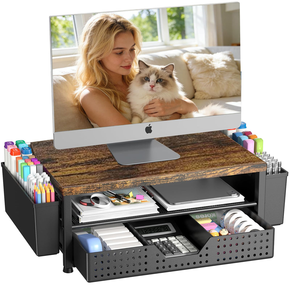 OPNICE Desk Organizers and Accessories, Computer Monitor Stand Riser with Drawer and 2 Pen Holders