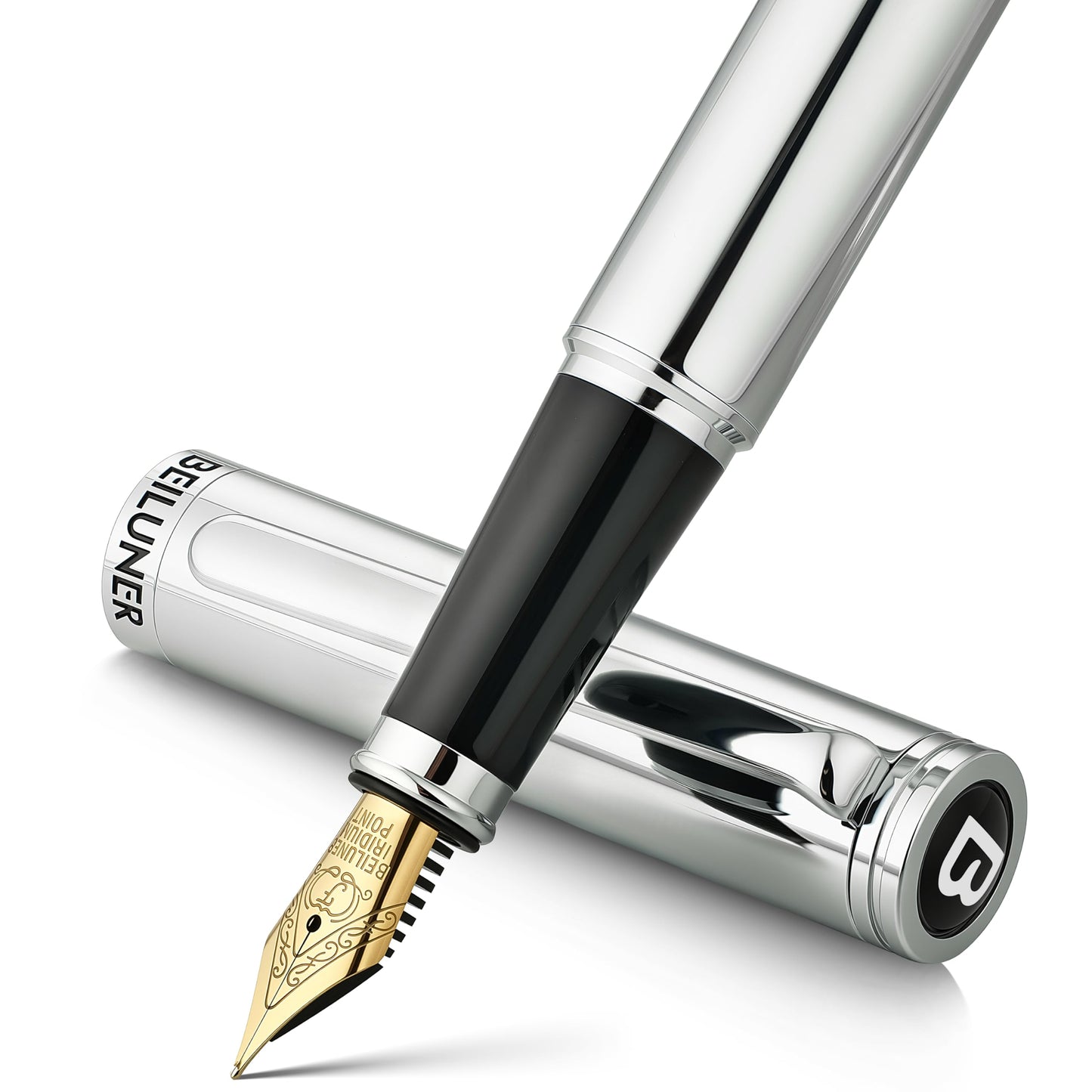 BEILUNER Silver Fountain Pen,Stunning Luxury Pens with Bright Silver Chrome, Gorgeous 24K Gilded