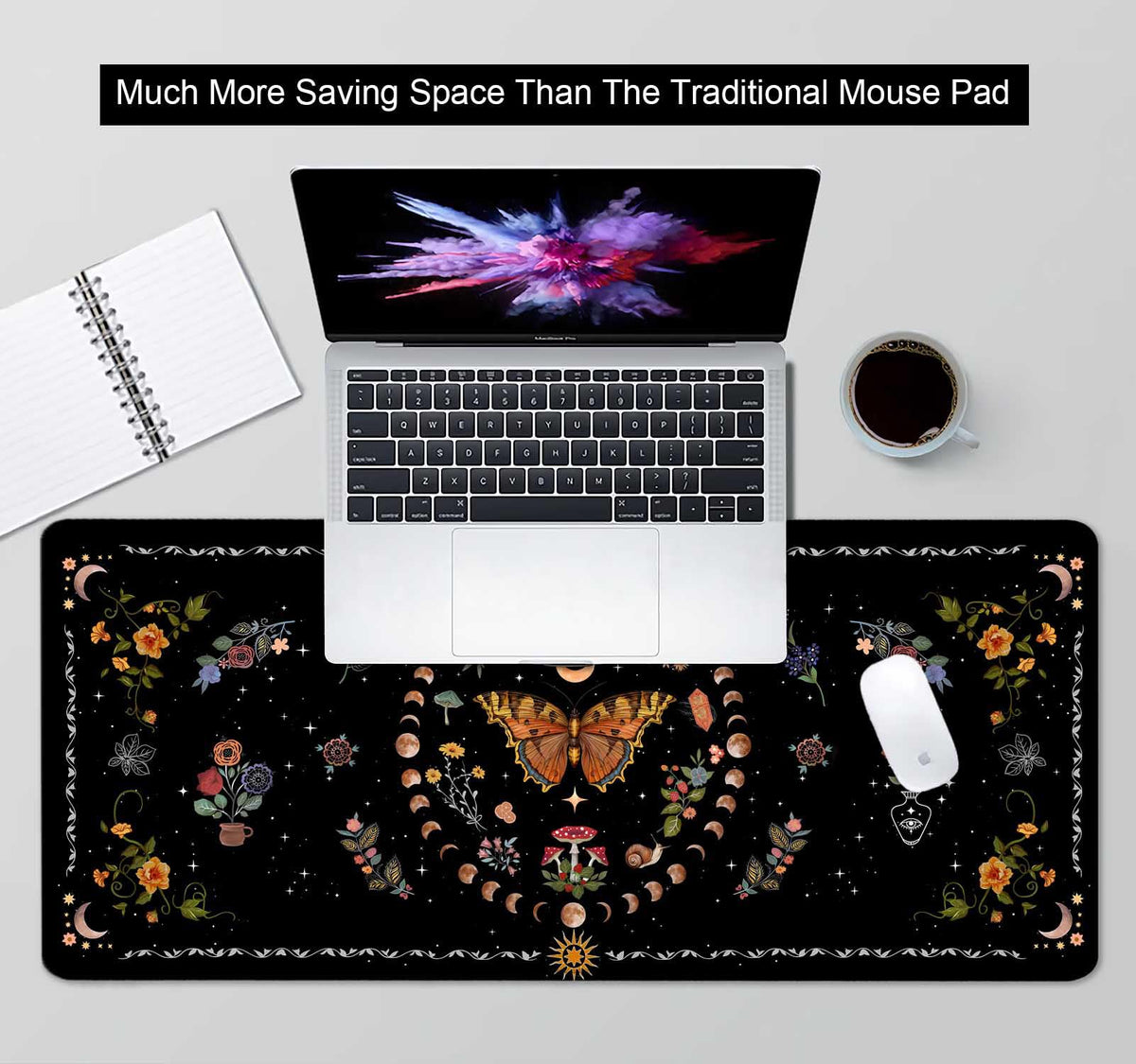 SXCKANG Gothic Moth Desk Pad, Black Orange Floral Plant Large Gaming Mouse Pad, Moon Phases