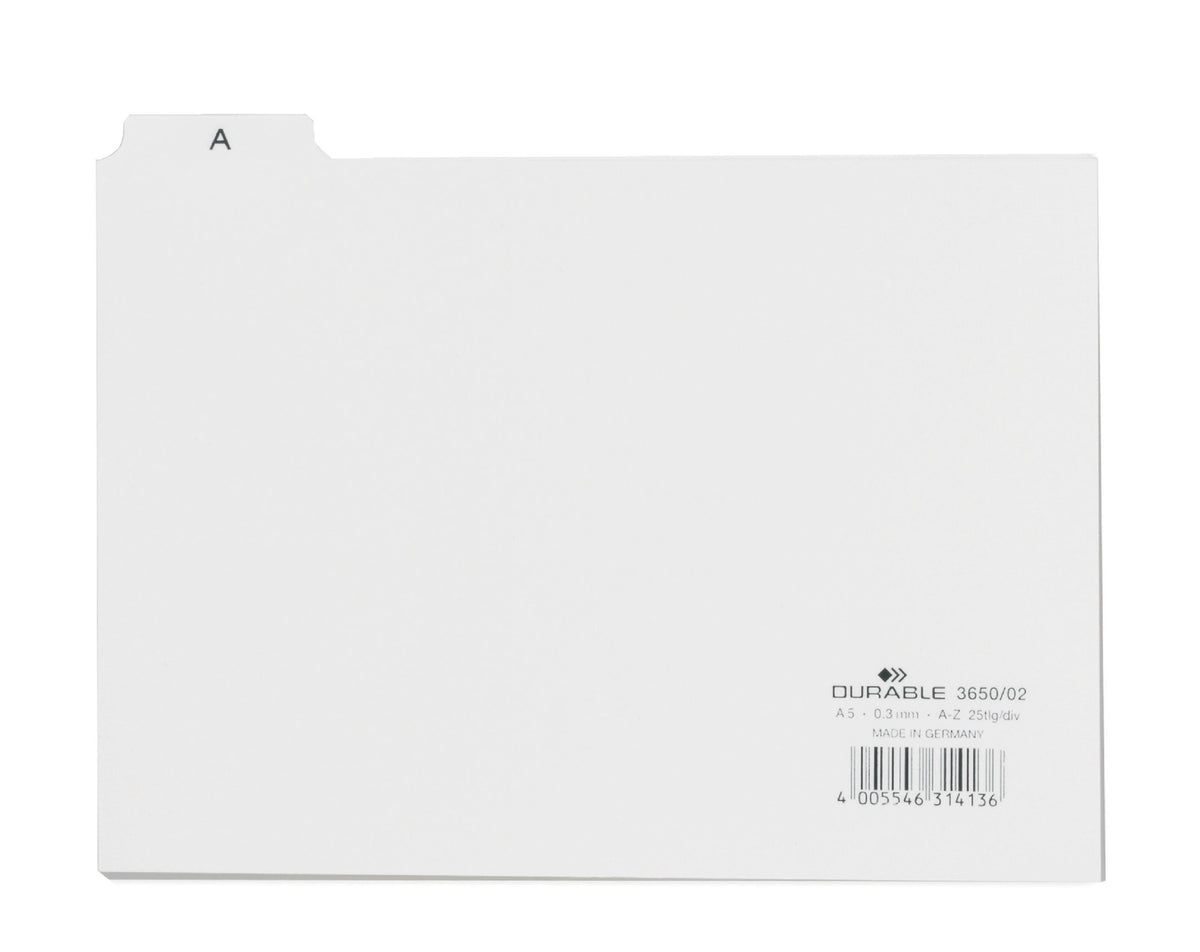 Durable Index Card Set A5, Printed A-Z Tabs, White, PVC