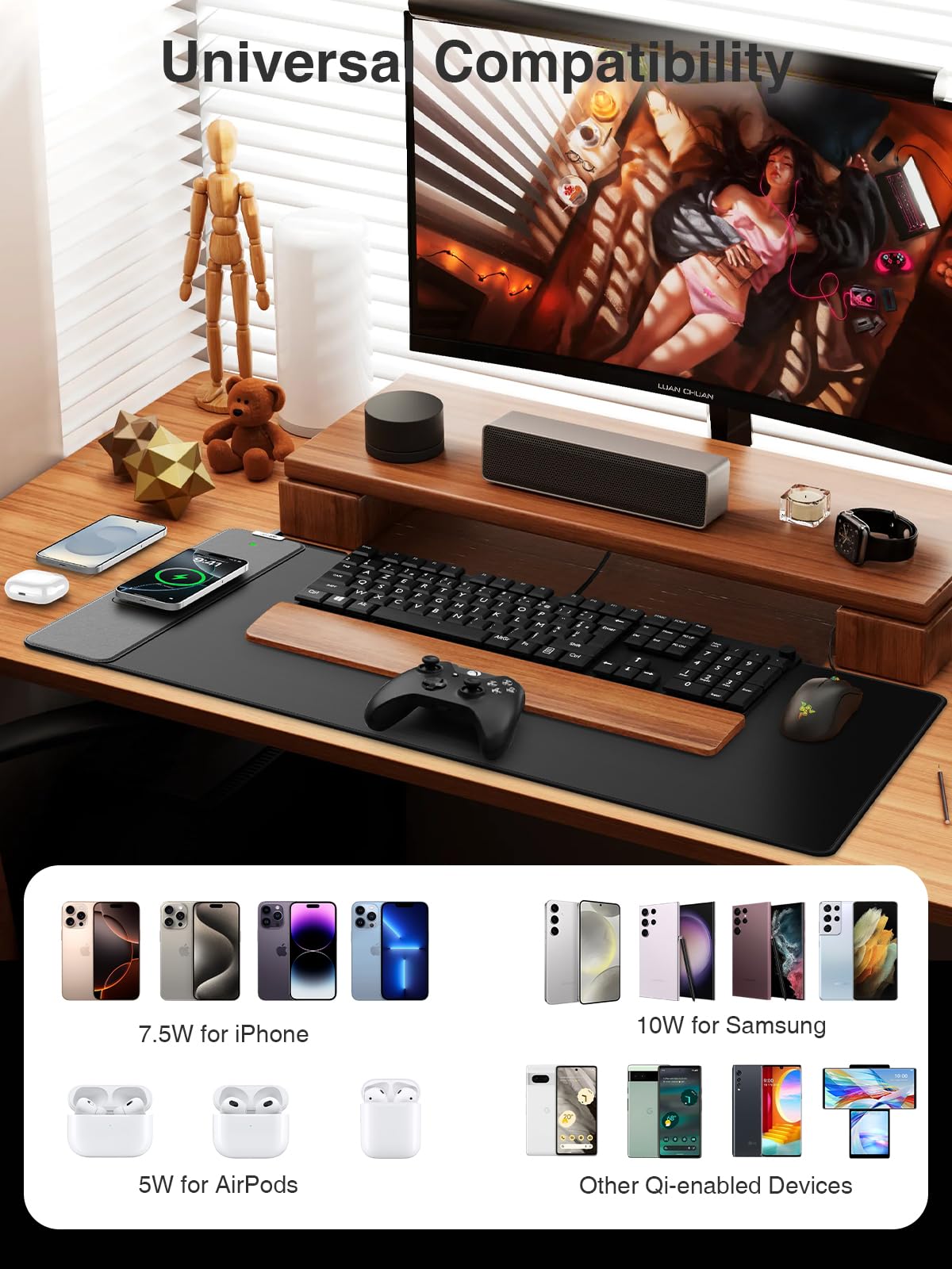 Wireless Charging Mouse Pad, 31.5"x15.8" Large Desk Mat, Smooth Glide