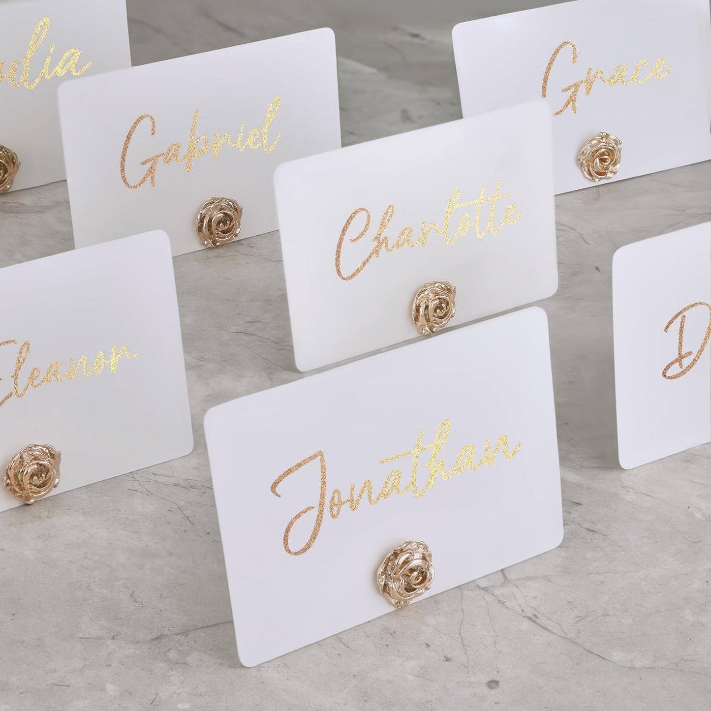 UNIQOOO 24Pcs Decorative Rose Floral Place Card Holders Bulk, Luxury Gold Metal Name Card Stands