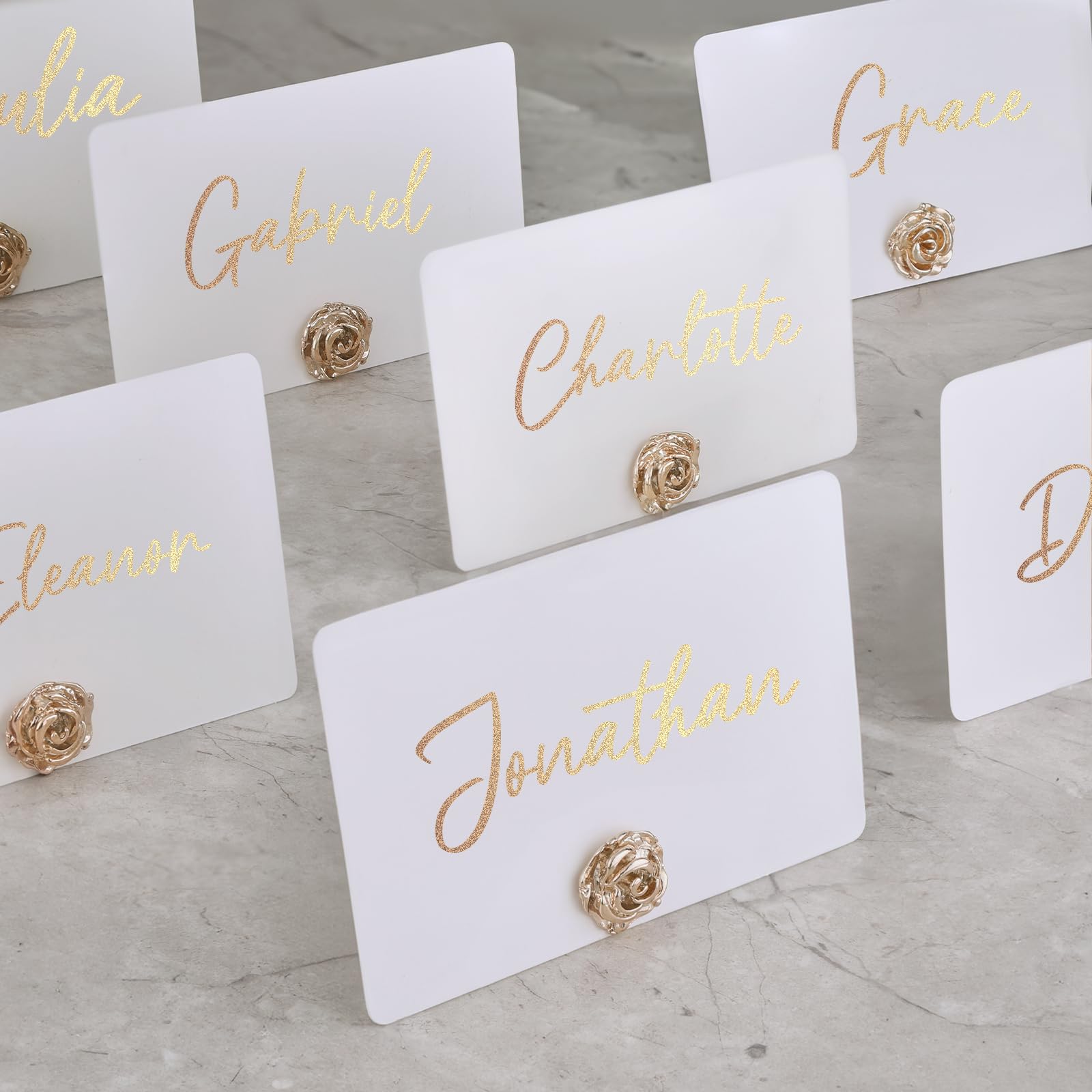 UNIQOOO 24Pcs Decorative Rose Floral Place Card Holders Bulk, Luxury Gold Metal Name Card Stands
