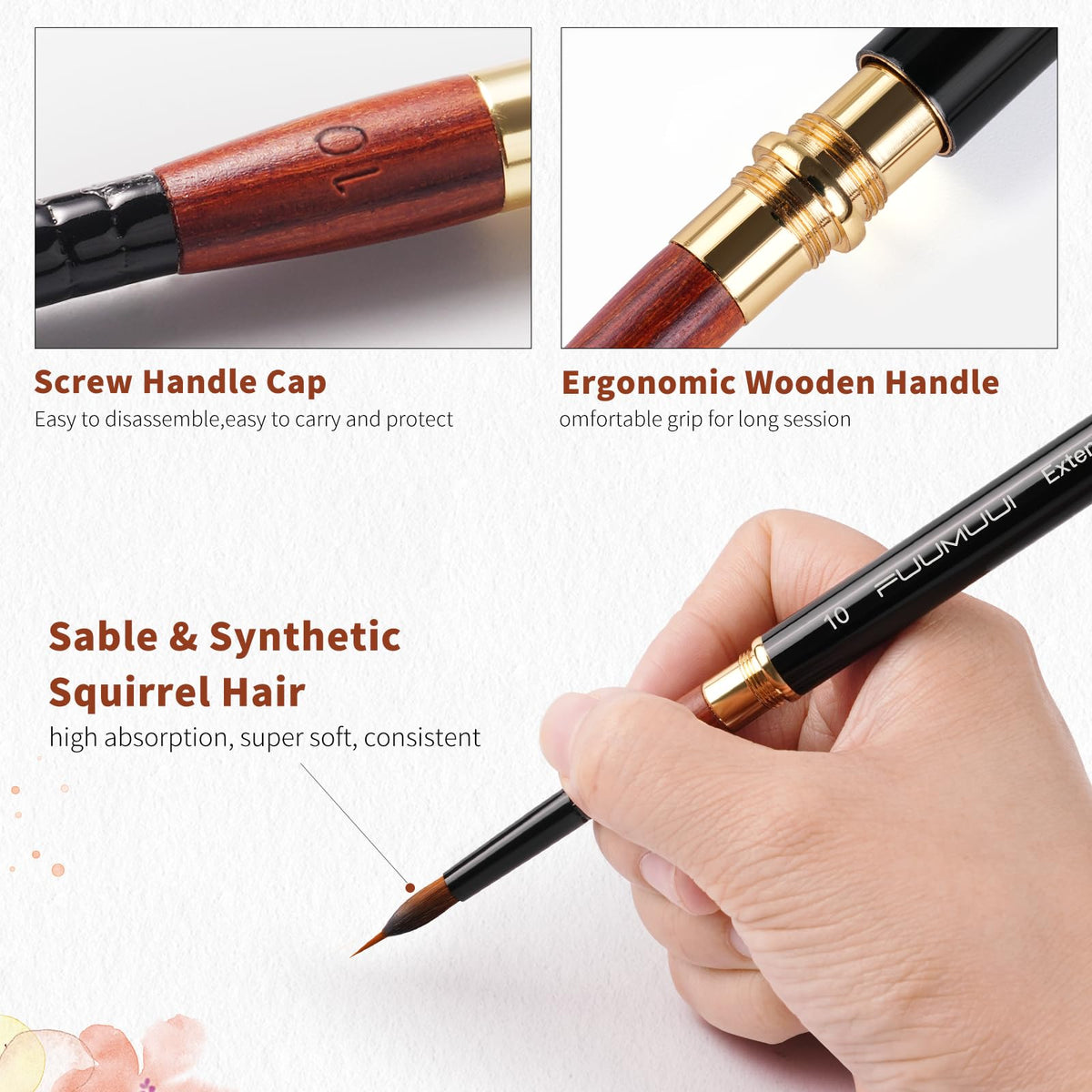 3pcs Dual-Tip Travel Watercolor Brushes - 6 Tip Styles, Fuumuui Sable Synthetic Squirrel Hair