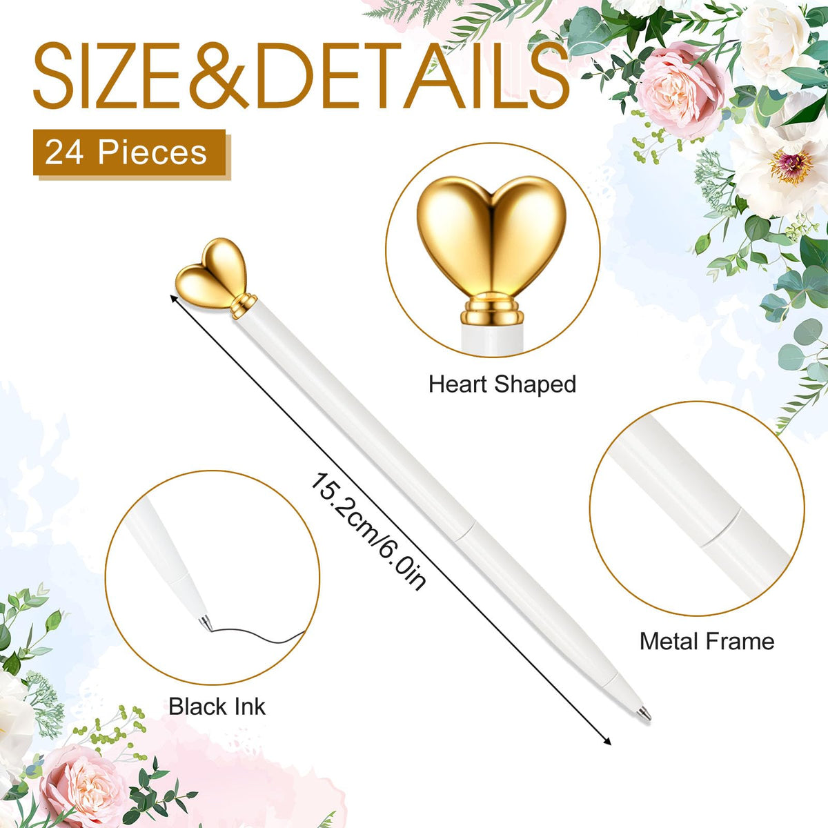 Thenshop White 24 Pcs Heart Shaped Pens Retractable Metal Cute Pens 1.0 mm Black Ink Ballpoint