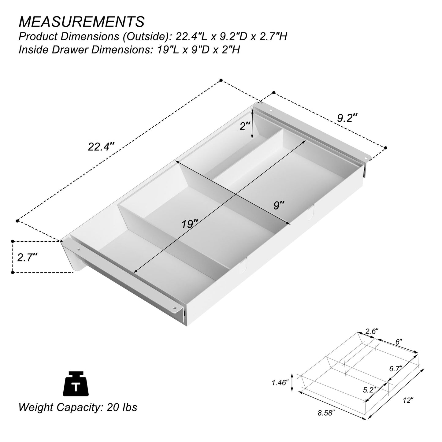 White Under Desk Drawer with Removable Tray, 22.4" Wide 2-in-1 Organizer – 60° Ergonomic Tilt