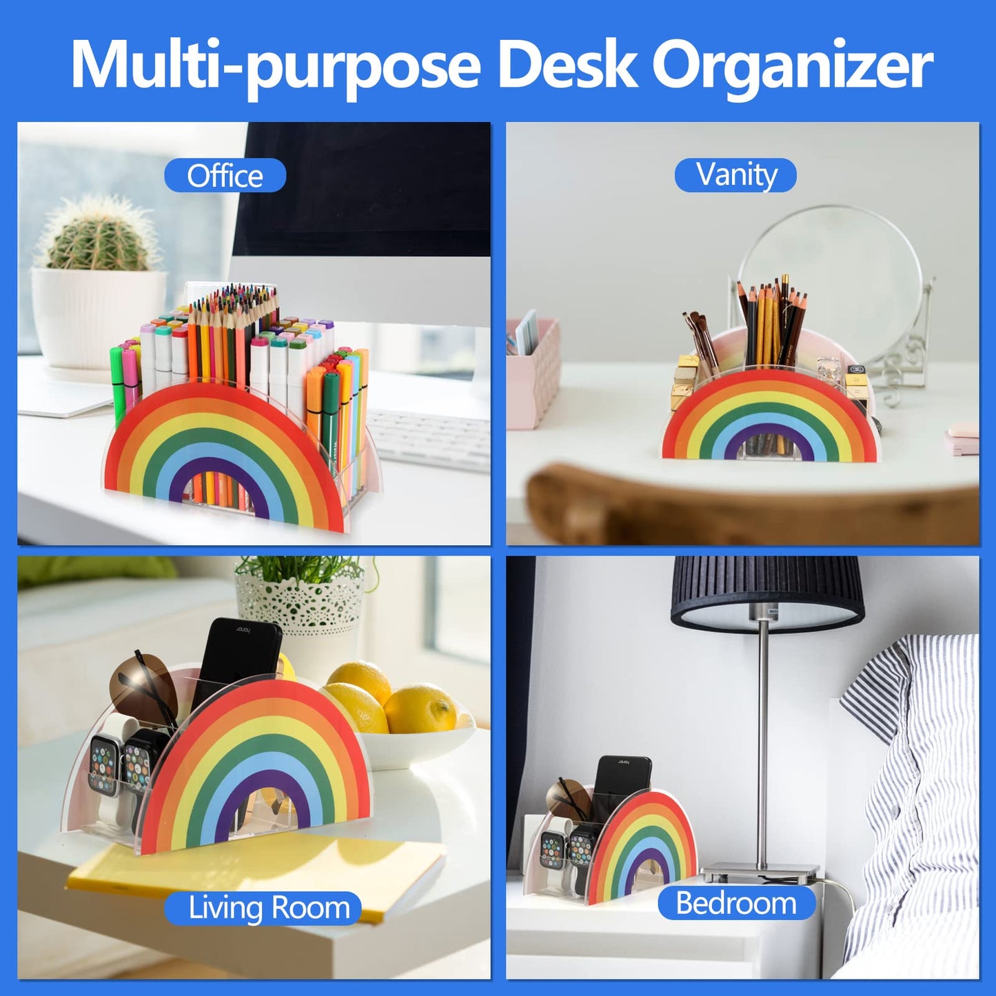 Flytreal Acrylic Pen Pencil Holder Clear Desk Organizer, Rainbow Home Office Desk Pen Storage