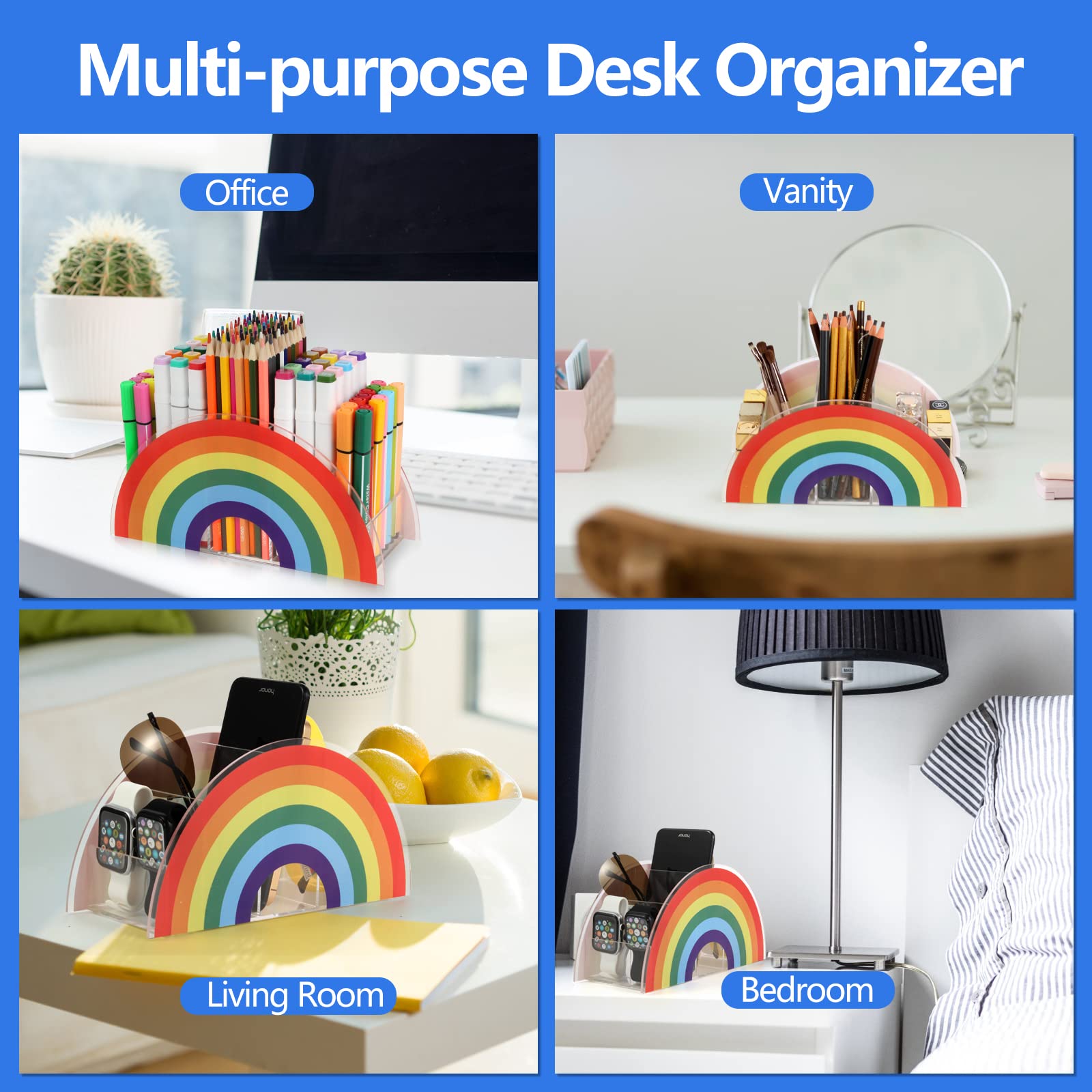 Flytreal Acrylic Pen Pencil Holder Clear Desk Organizer, Rainbow Home Office Desk Pen Storage