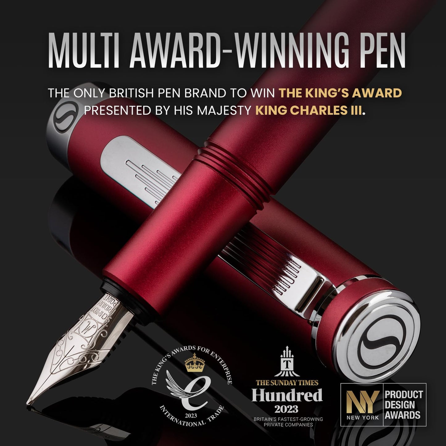 Scriveiner Luxury EDC Fountain Pen (Fine), Stunning Matt Red Pocket EDC with Chrome Finish, Schmidt