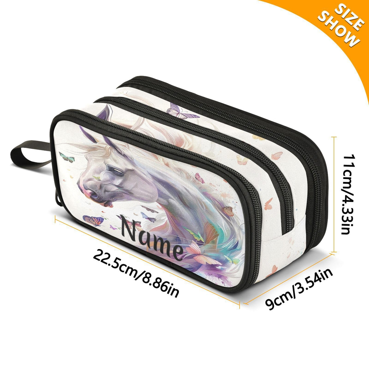 BOENLE Custom White Horse Butterflies Pencil Case Box Boys Girls Personalized Name Large Pencil