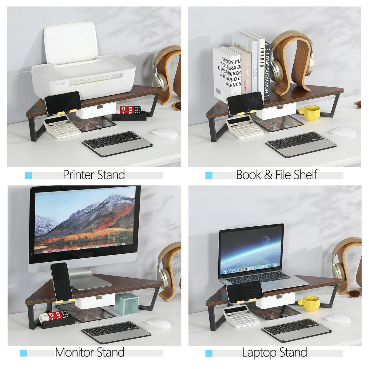 TEAMIX Corner Monitor Stand with Drawer and Phone Holder, 26x12.6x5.3in