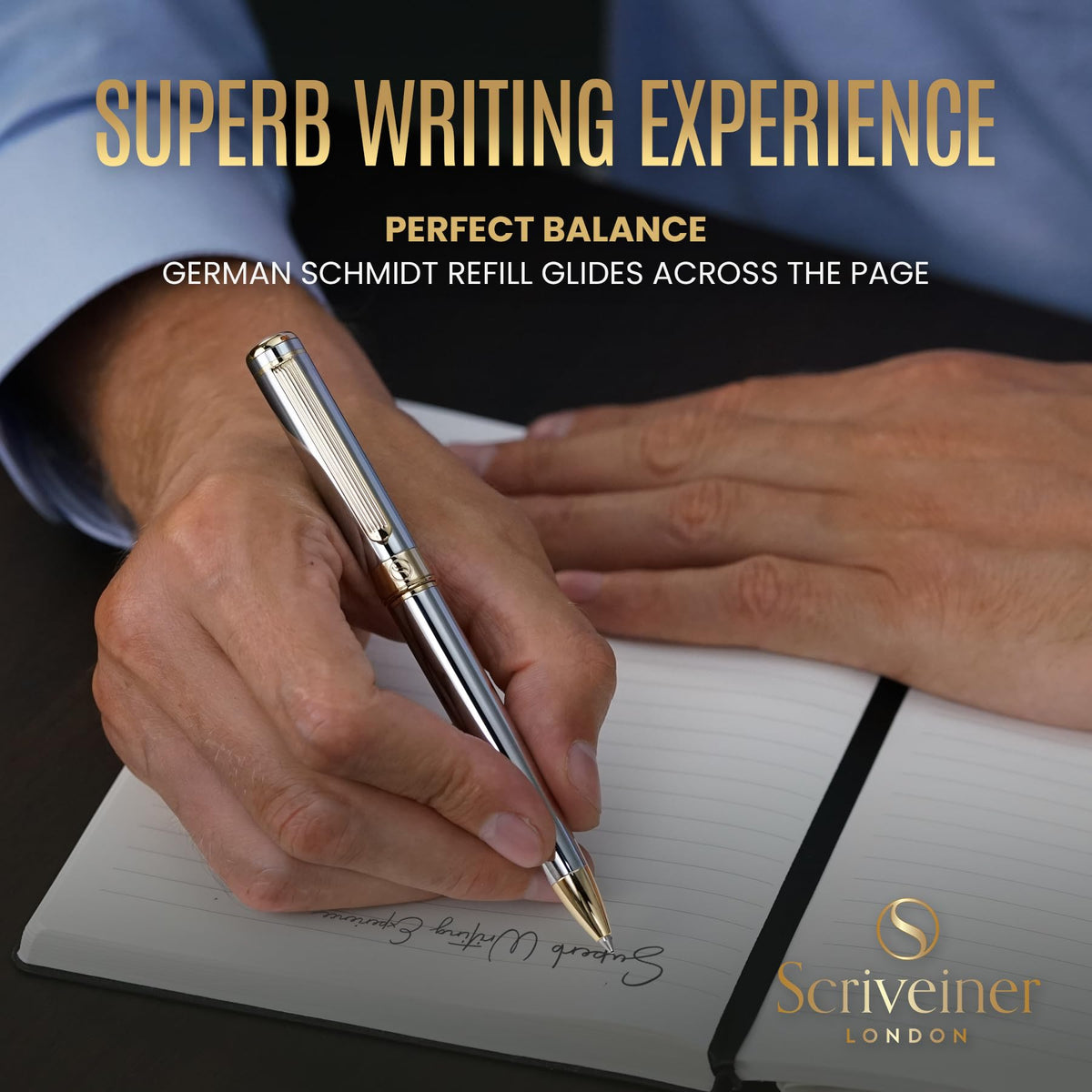 Scriveiner Personalized Silver Chrome Ballpoint Pen - Stunning Luxury Pen, Real Gold Plating