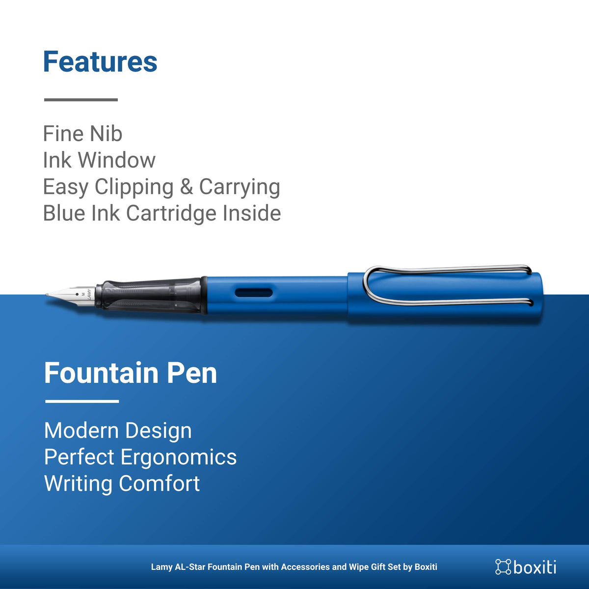 Boxiti AL-Star | Ocean Blue | Fine Nib + 5 Black Ink Cartridges and Converter