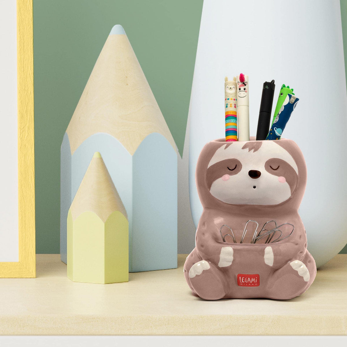 LEGAMI Desk Friends Ceramic Pen Holder, 9.2 x 10.4 cm, Sloth Theme, for Desk, Hand Painted