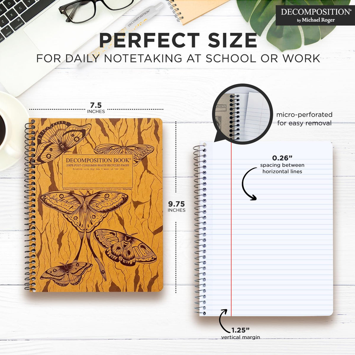 Decomposition Midnight Moths College Ruled Spiral Notebooks – 9.75 x 7.5 Journal with 160 Lined