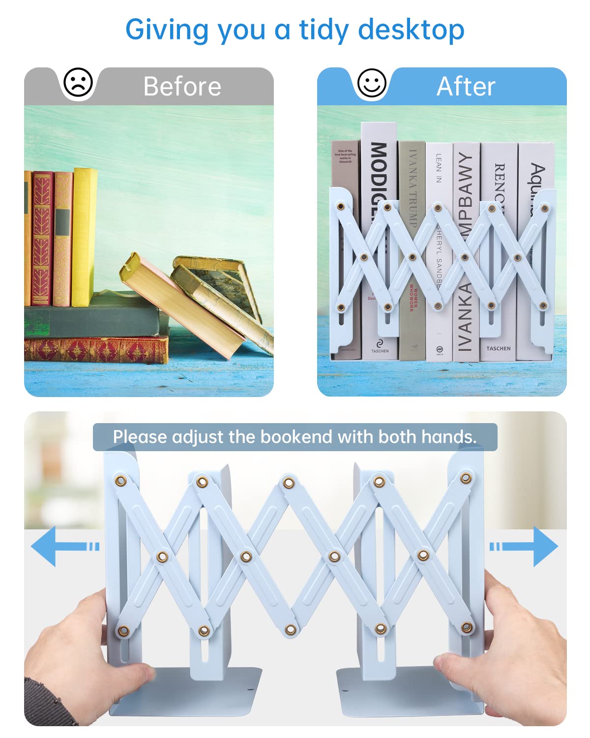 Honagu Adjustable Bookends, Metal Book Ends for Shelves Heavy Book