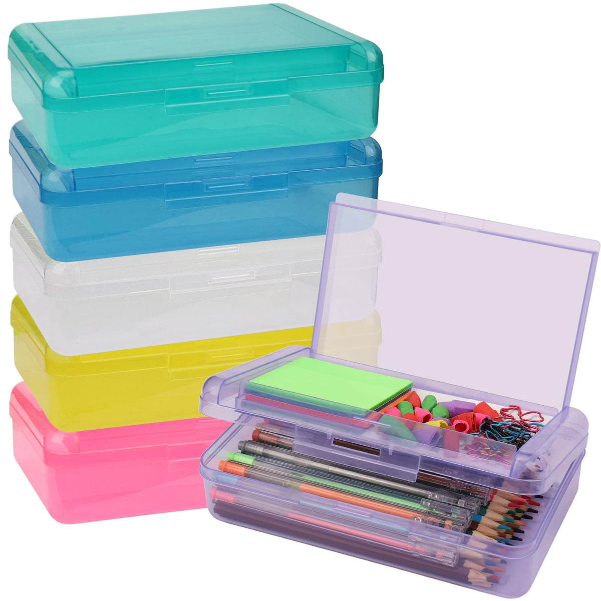 SFLHHDM Large Pen Boxes, Double Layer Capacity Pencil Holder, Clear Hard Pen Case with Snap-tight