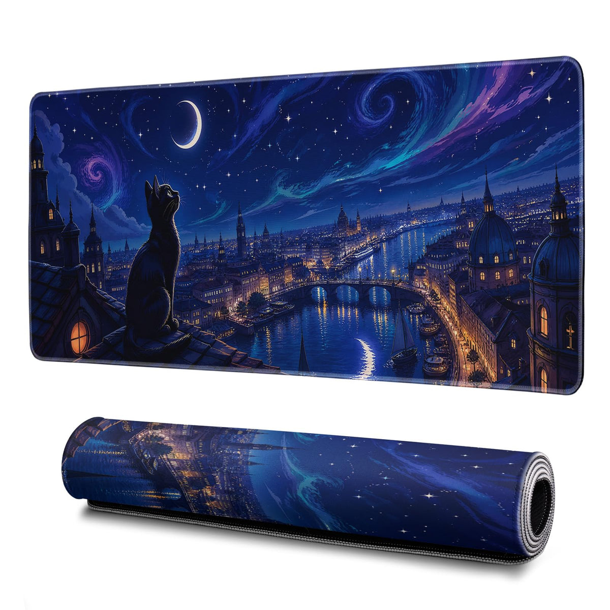 Starry Night Cat Mouse Pad Desk Mat XL Extended Large Gaming Desk Pad Mousepad, Oil Painting Art