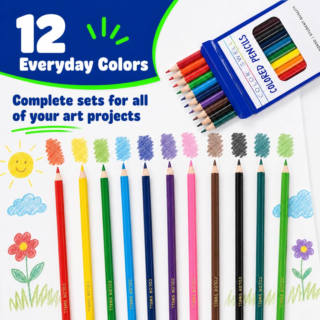 Color Swell Bulk Colored Pencils, Pre-Sharpened, 12 Packs (144 Total)
