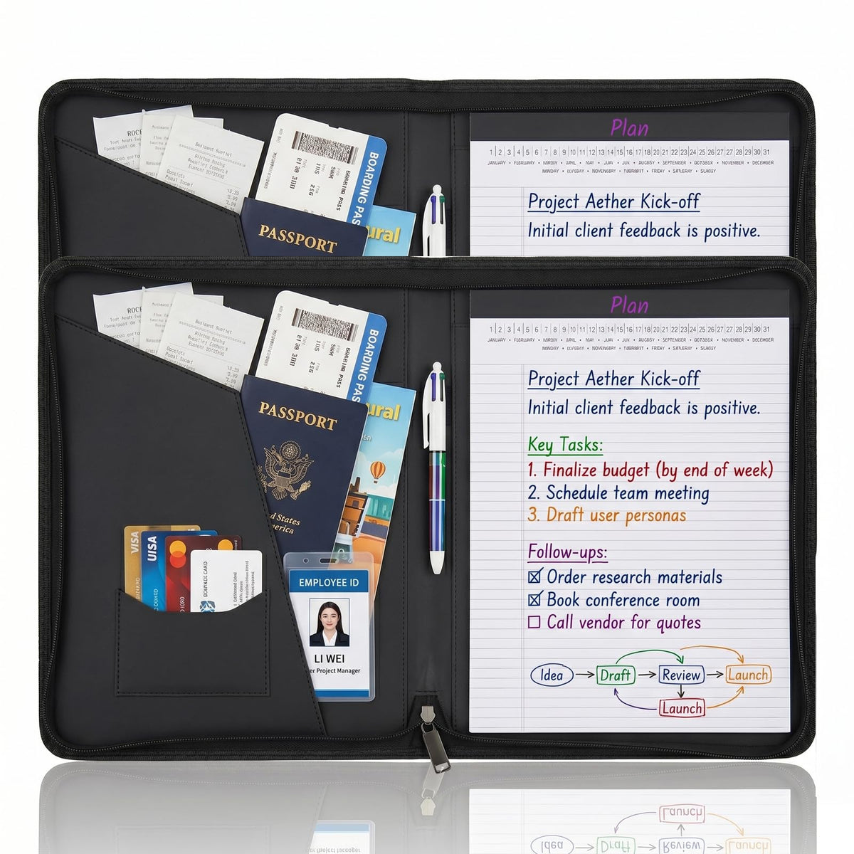 OOWOLF Padfolio Portfolio Folder, PU Leather Professional with 8.5 x 11 Letter Size Writing Pad