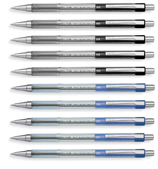 Pilot Retractable Ballpoint roller pens, Black & Blue colors Fine point, 10 Count