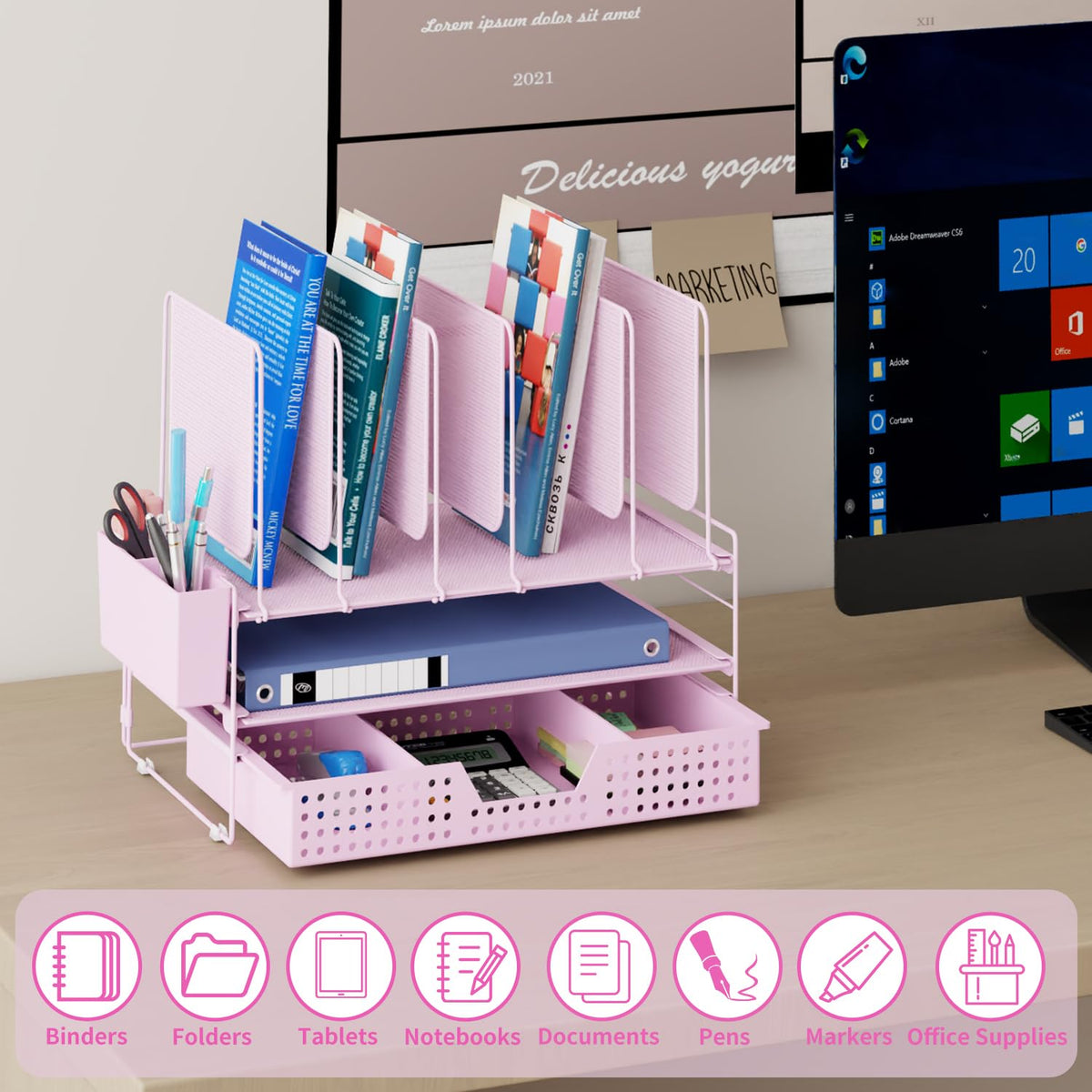 LEKETREE Pink Desk Organizer, Office Organization with Vertical File Holder, File Organizer with
