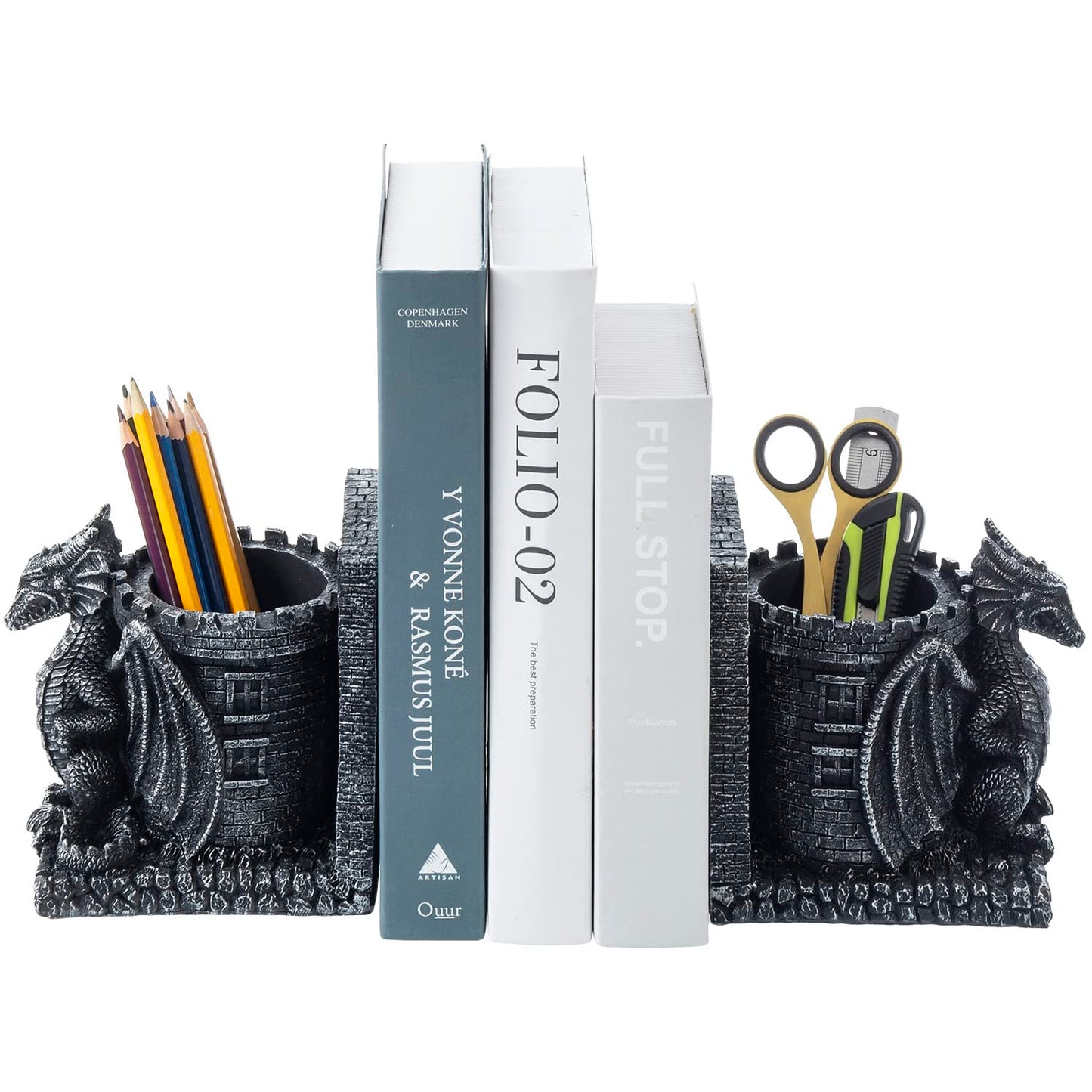MyGift Gothic Dragon Bookends with Castle Pencil Cup, Black Resin, 1 Pair